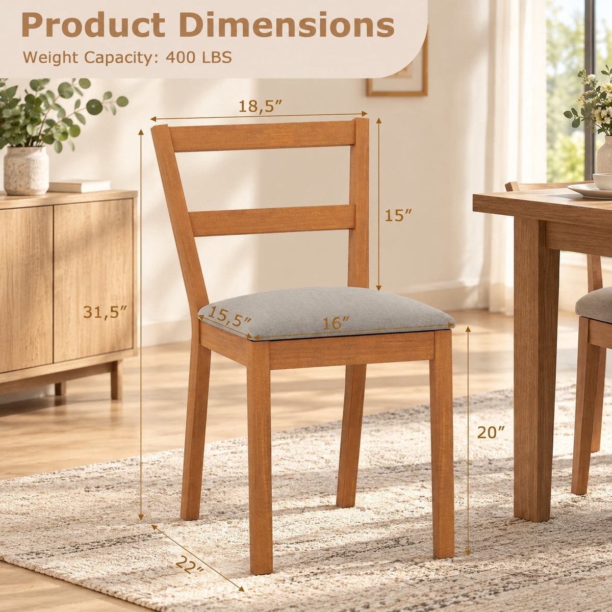 Airfind Wooden Dining Chair Set of 2 Farmhouse Kitchen Chair with Upholstered Seat, 400 lbs Capacity, Rubber Wood Frame, Brown