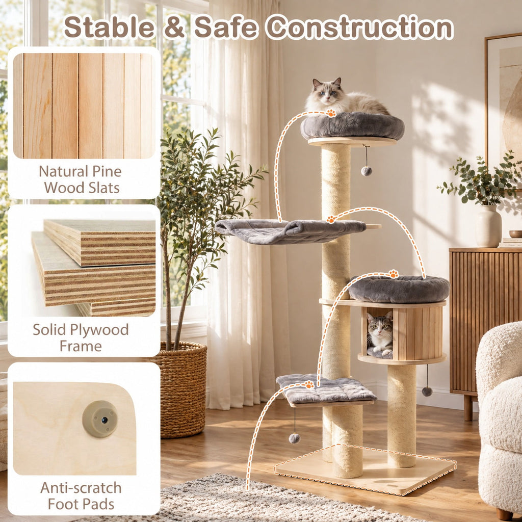 Airfind 4-Layer 68.5-Inch Wooden Cat Tree Condo Activity Tower with Sisal Posts, 33 lbs Capacity, Pine wood birch wood sisal plush Frame, Gray