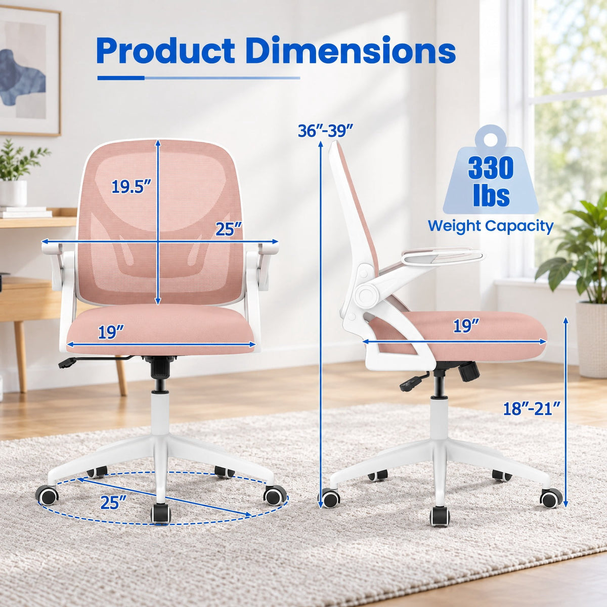 Airfind Ergonomic Computer Desk Chair with Lumbar Support and Flip-up Arms, 330 lbs Capacity, PP Metal Mesh Plywood Sponge Frame, Pink