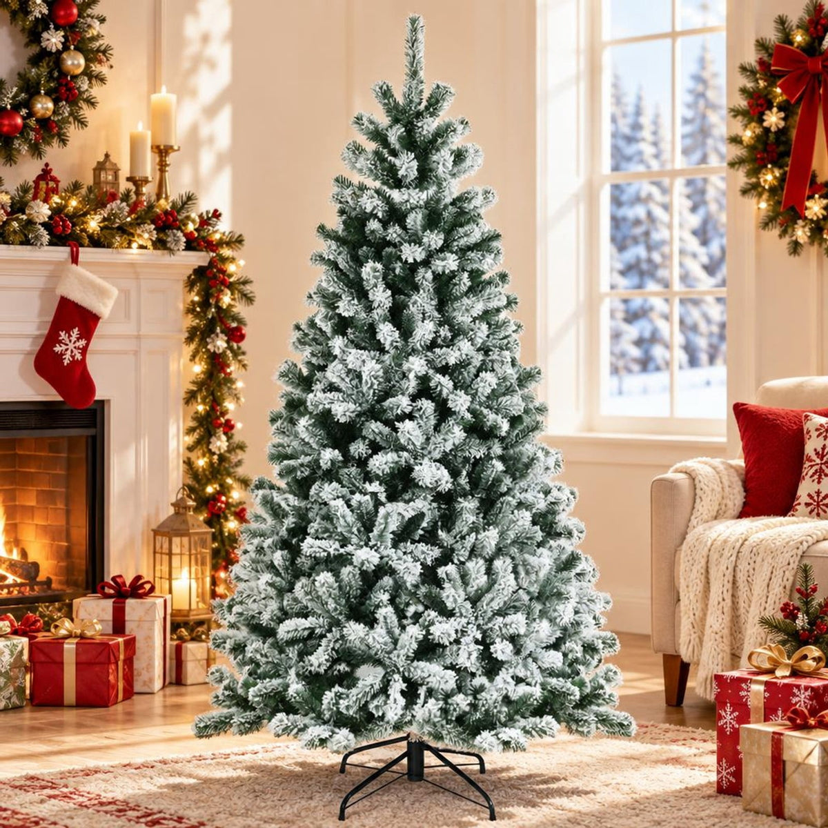 Airfind 6 Feet Pre-lit Snow Flocked Hinged Christmas Tree with 928 Tips and Metal Stand-6 ft, PVC metal Frame, 3.4 x 6/4 x 7/4.9 x 8 Footprint