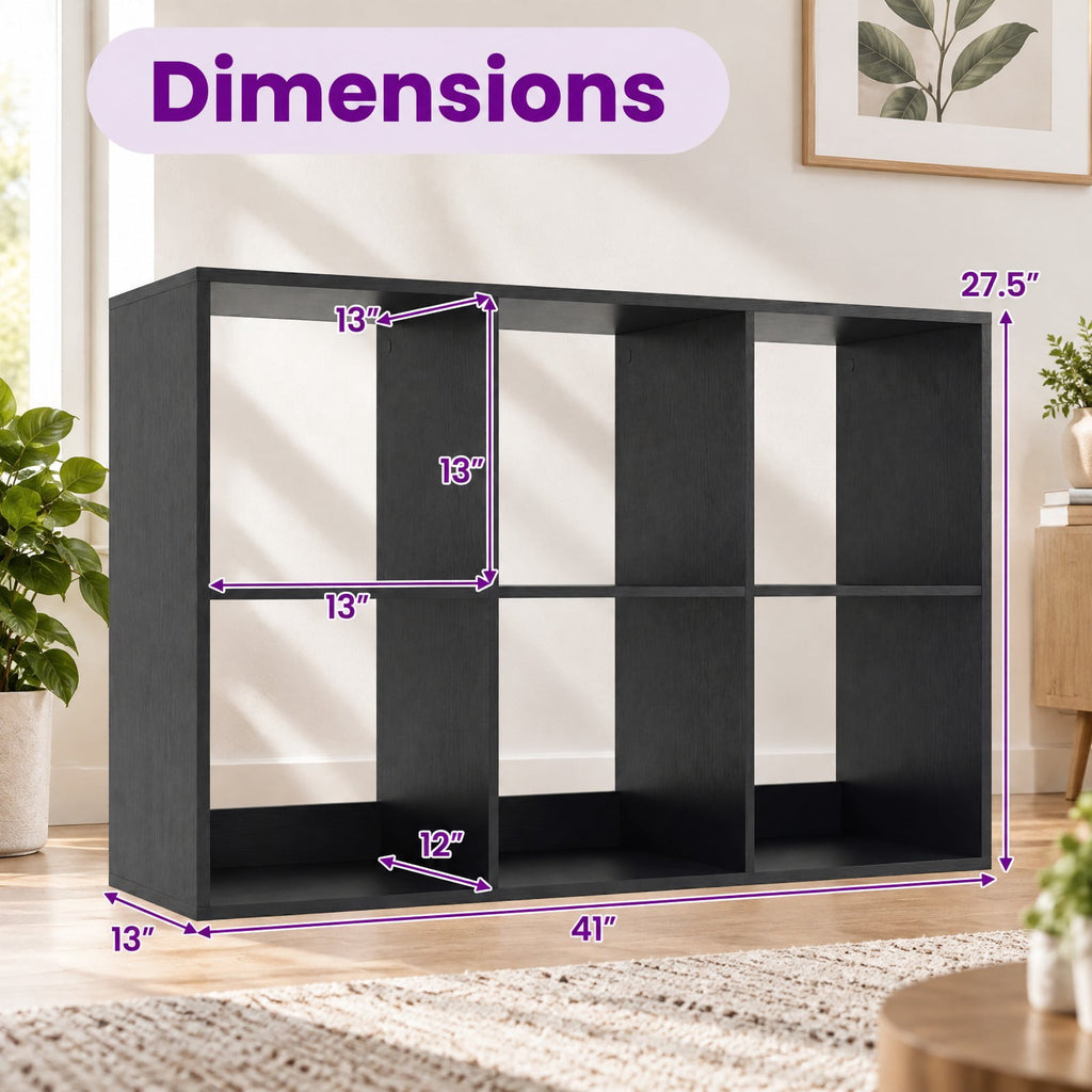 Airfind 6 Cube Bookshelf with Back Guardrail for Living Room Bedroom, 154 lbs Capacity, Engineered Wood Frame, 41 Inch x 13 Inch x 27.5 Inch Footprint, Black