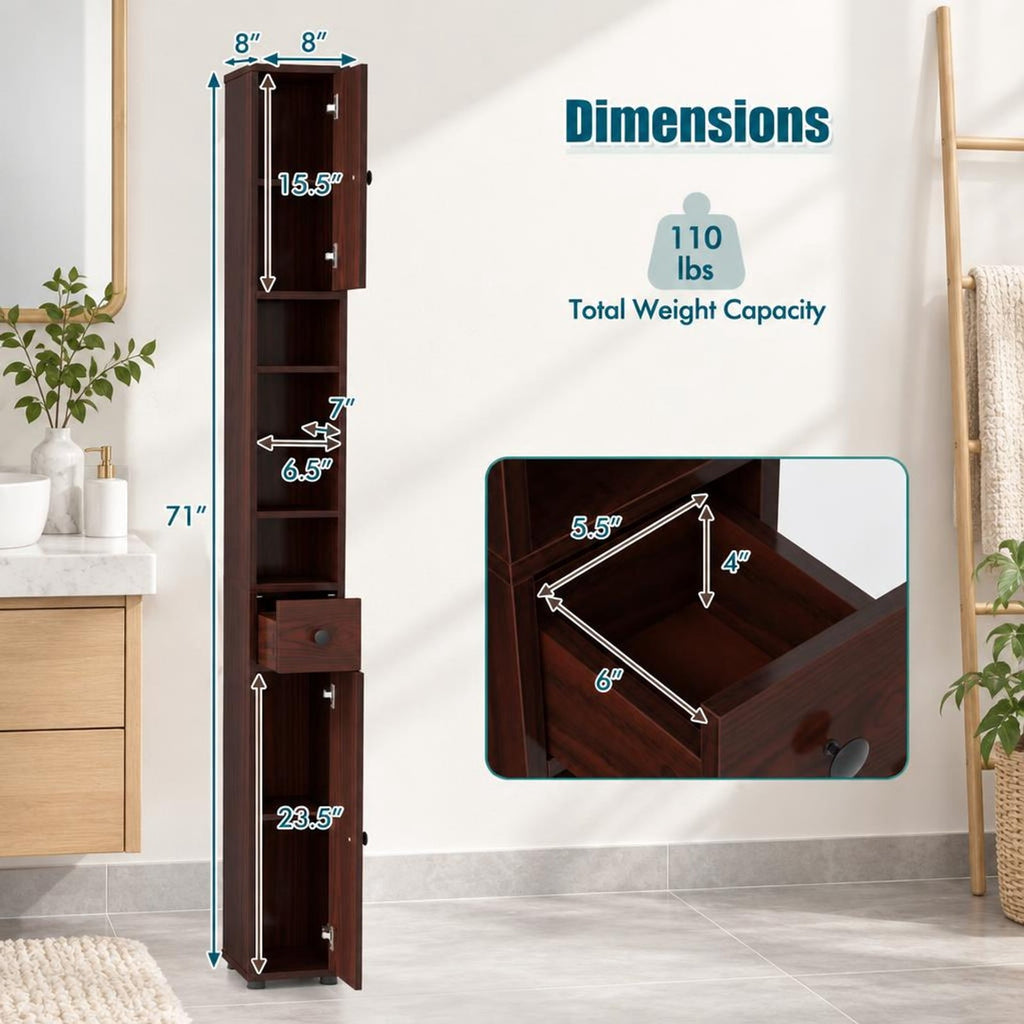 Airfind Freestanding Slim Bathroom Cabinet with Drawer and Adjustable Shelves, 110 lbs Capacity, MDF Frame, 8in x 8in x 71in Total Footprint, Brown