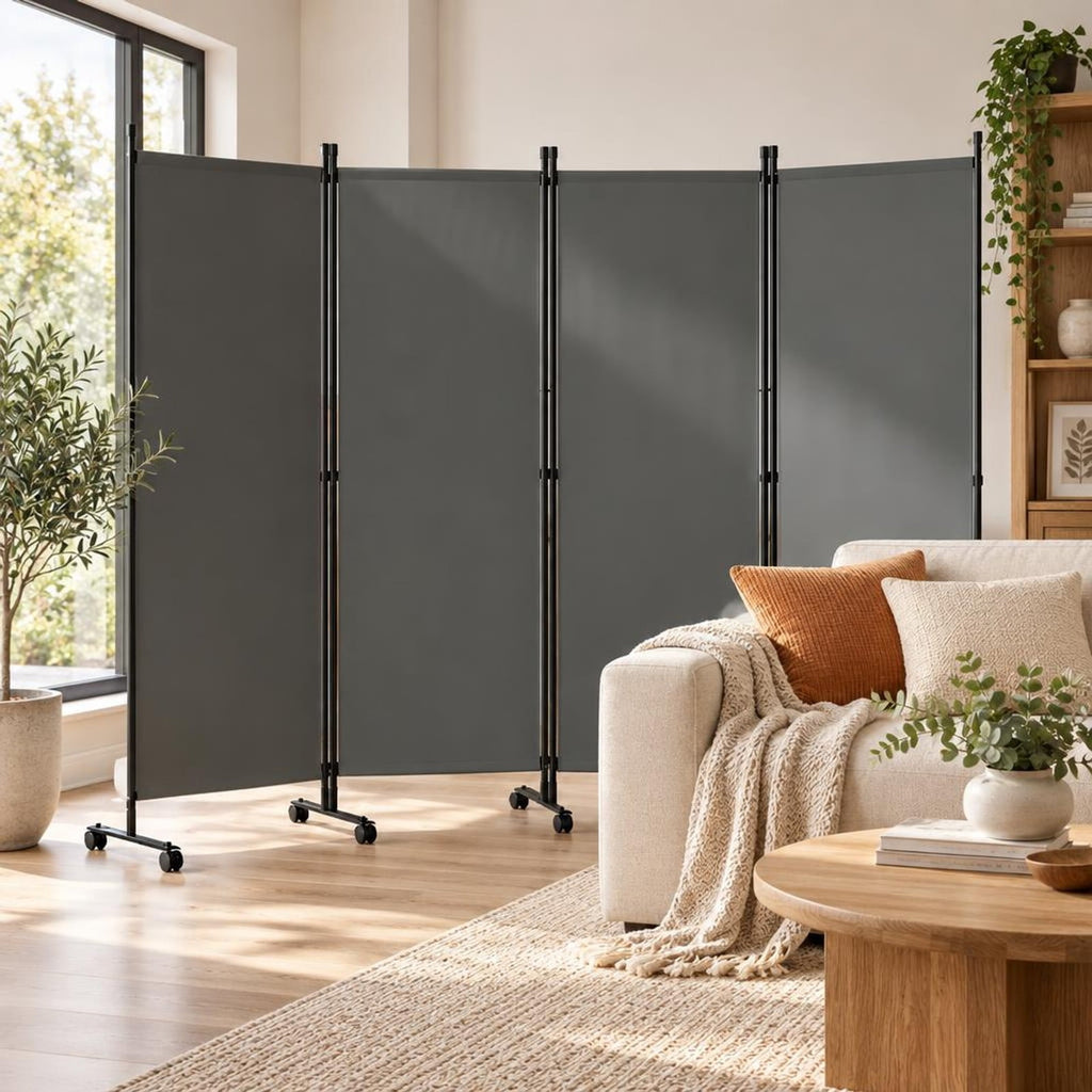 Airfind 4-Panel Room Divider with Lockable Wheels for Living Room, Polyester Fabric Metal Frame, 87in x 14in x 68in Footprint, Gray