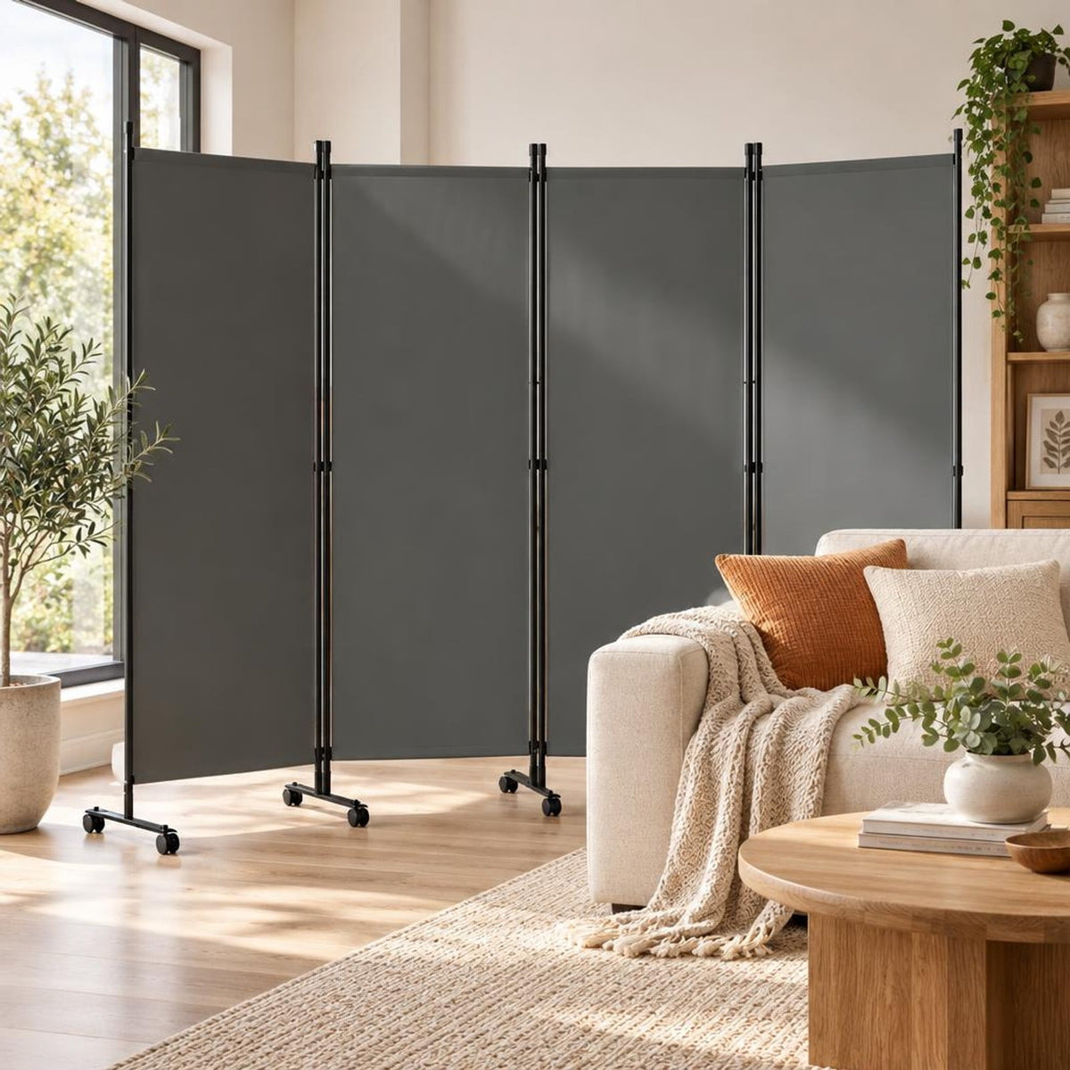 Airfind 4-Panel Room Divider with Lockable Wheels for Living Room, Polyester Fabric Metal Frame, 87in x 14in x 68in Footprint, Gray