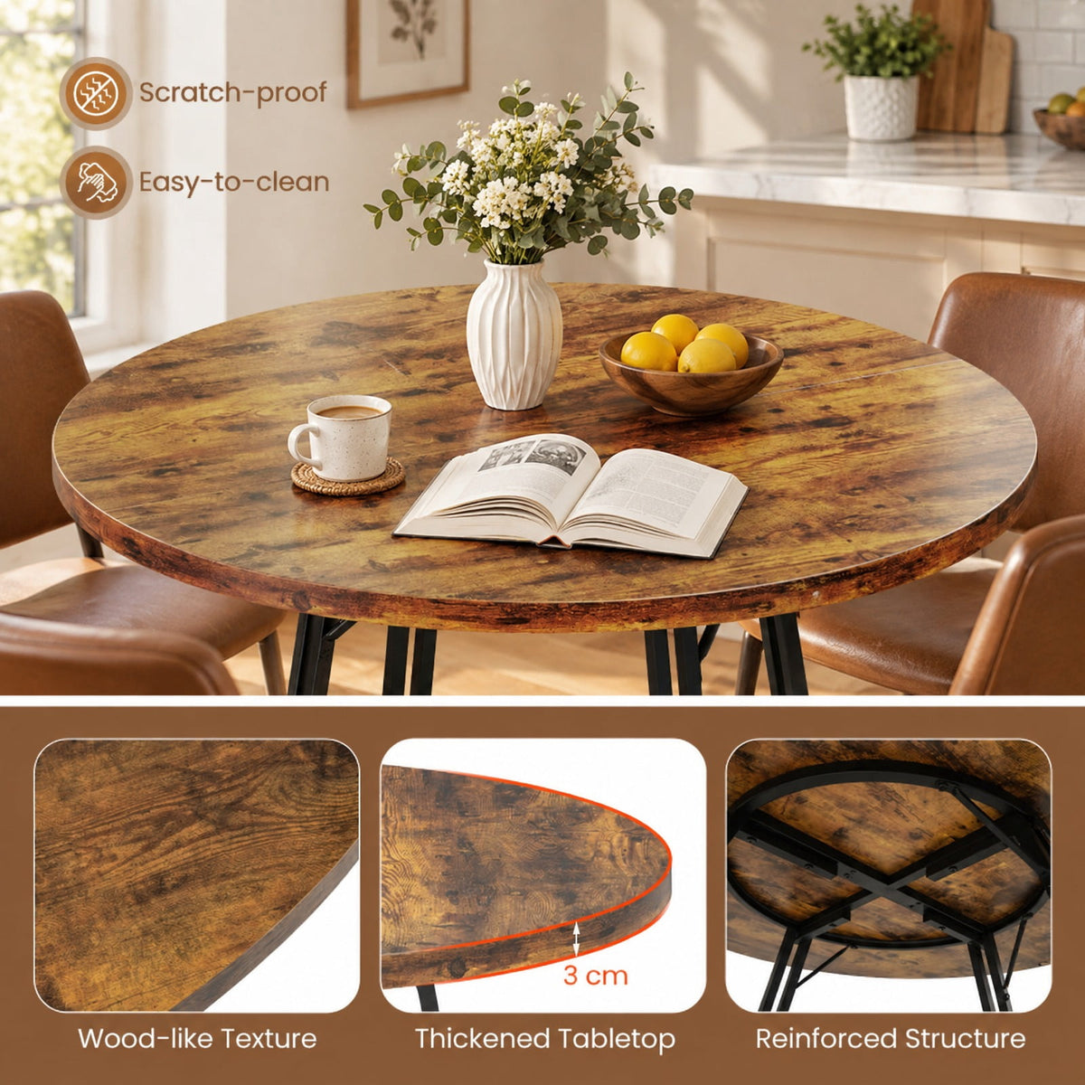 Airfind 47 Inch Dining Table for 4-6 People Round Kitchen Table with Cross Base, 200 lbs Capacity, Metal MDF Frame, 47 x 30.5 Footprint, Brown