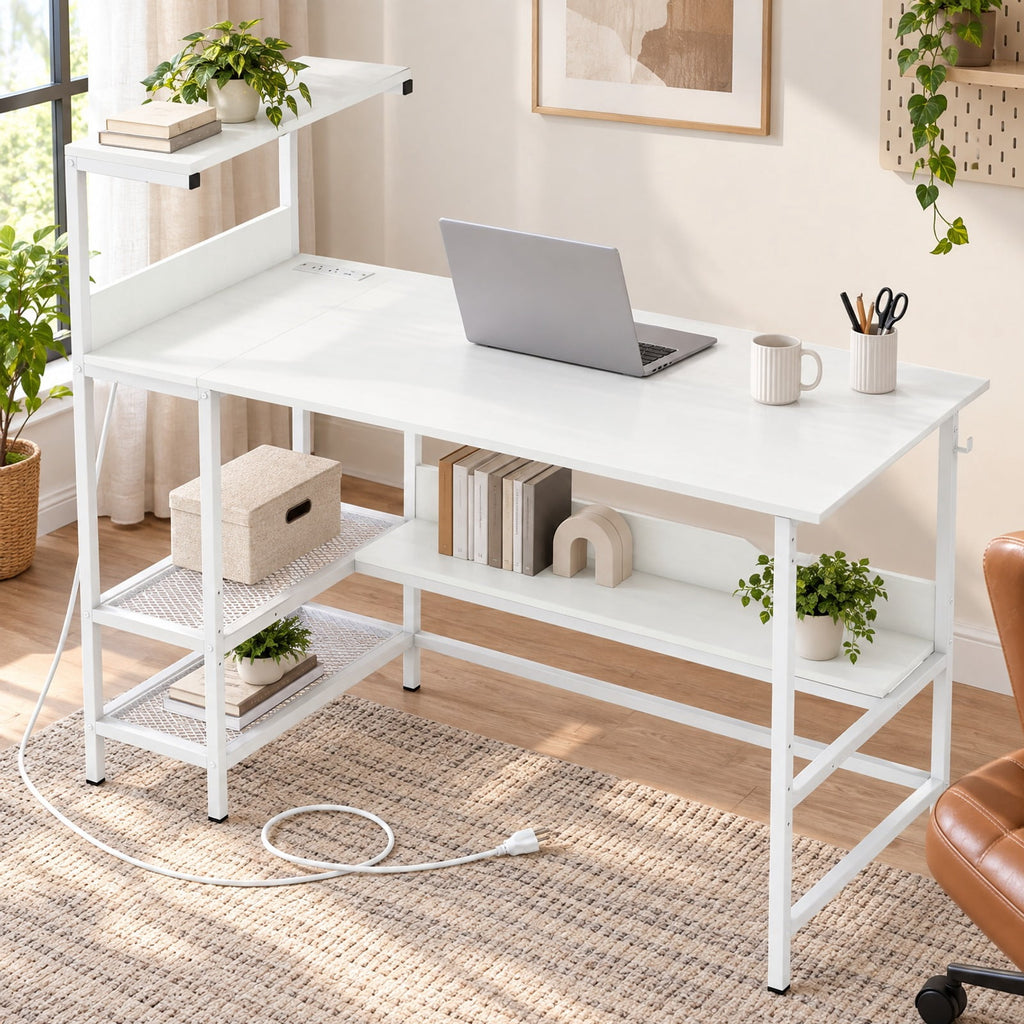 Airfind 48 Inch Computer Desk with Power Outlets and Storage Shelves, 88 lbs Capacity, Engineered Wood Metal Frame, 48 Inch x 23 Inch x 43.5 Inch Footprint