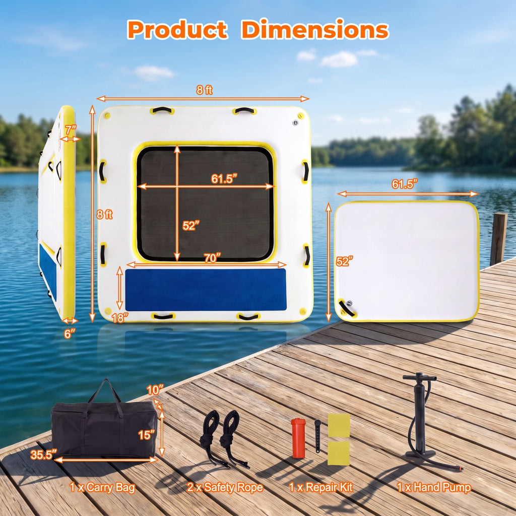 Airfind 8 by 8 FT Inflatable Floating Dock Platform with Mesh Swim Lounge and Carry Bag for Lake Pool and Boating, White