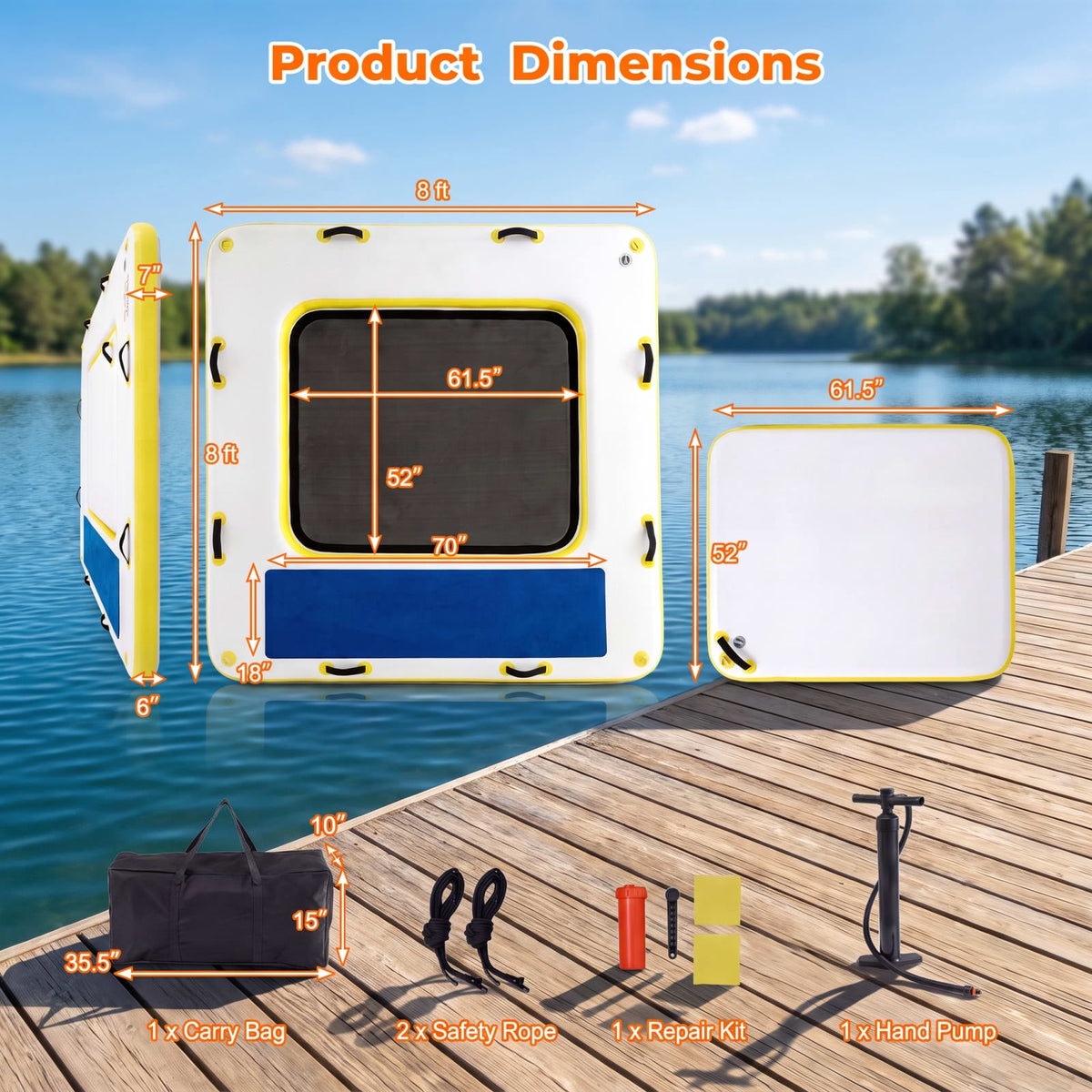 Airfind 8 by 8 FT Inflatable Floating Dock Platform with Mesh Swim Lounge and Carry Bag for Lake Pool and Boating, White