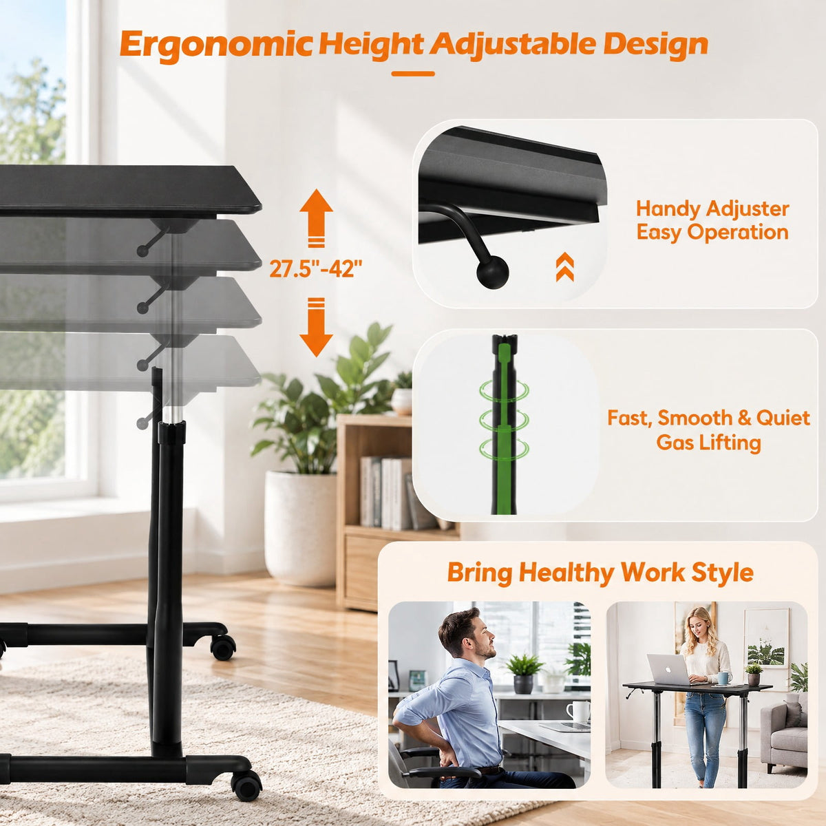 Airfind Height Adjustable Computer Desk Sit to Stand Rolling Notebook Table, MDF Frame, 37.5 x 21.5 x 27.5-42 Footprint, Balck