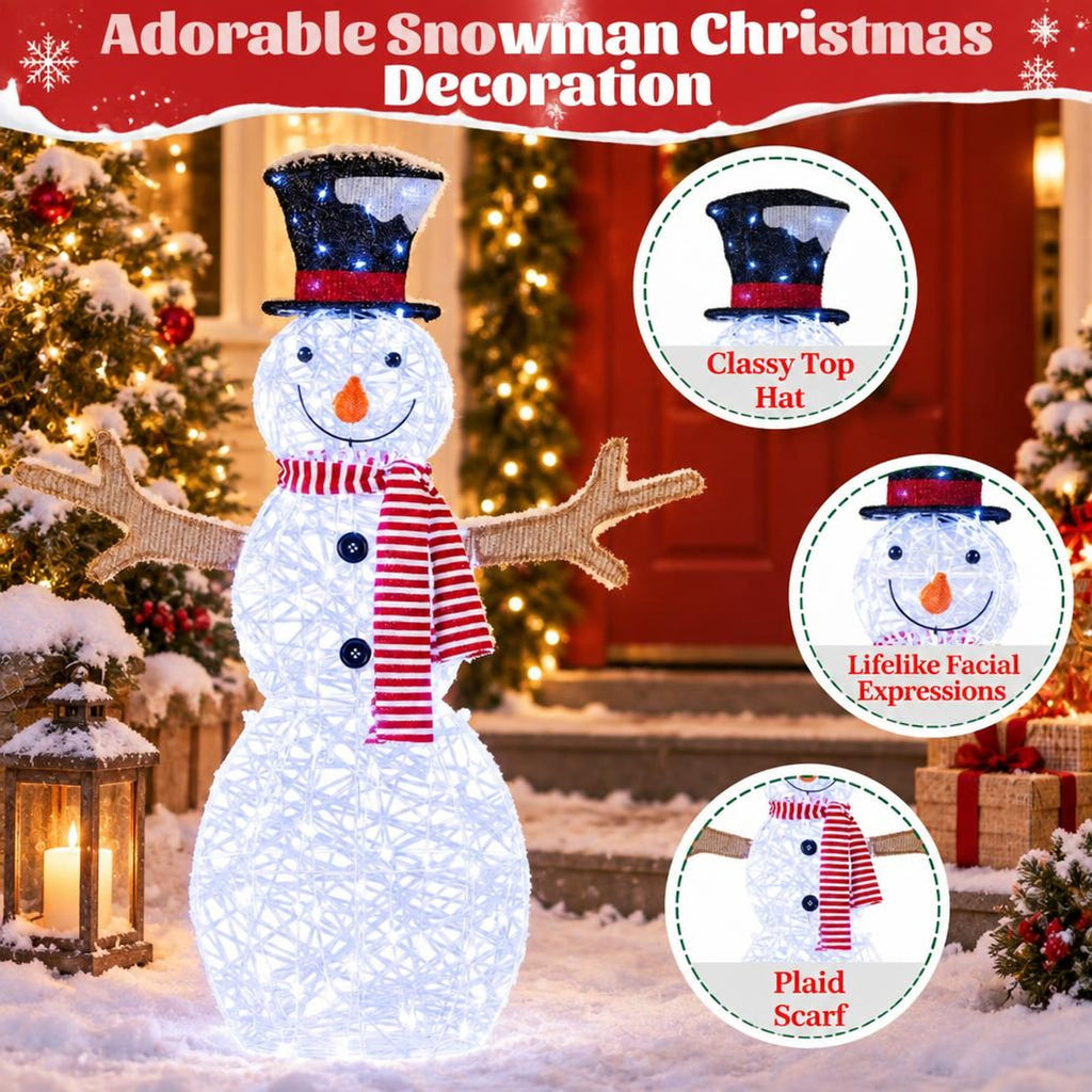 Airfind Lighted Snowman Christmas Decoration with Cold White LED Lights, Metal Tinsel Fabric Frame, 33in x 10in x 43in Length of Footprint, White