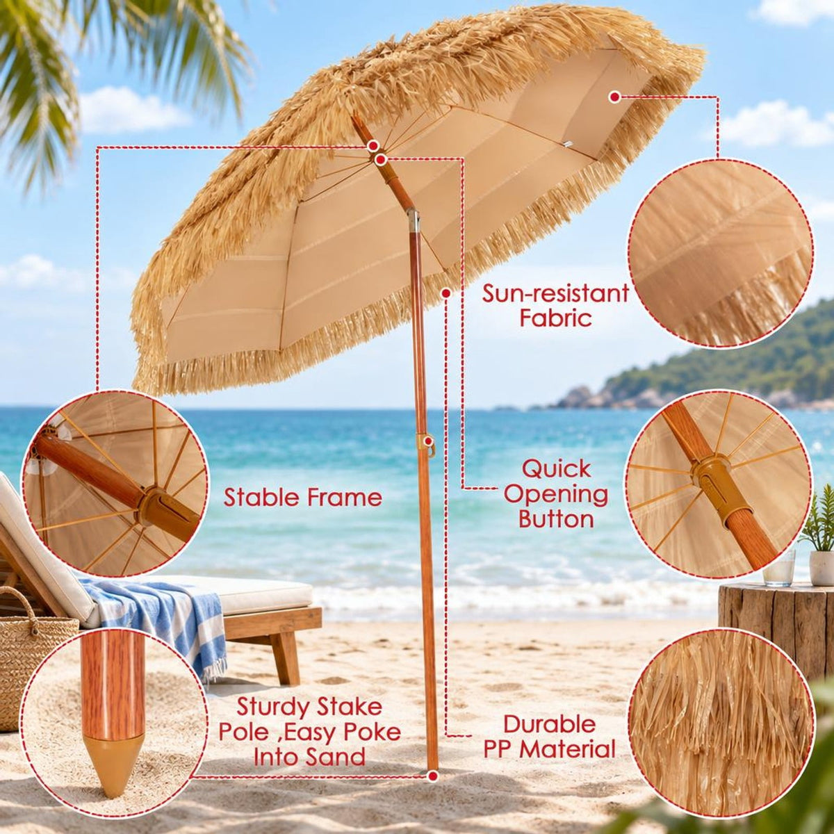 Airfind 6.5 Feet Portable Thatched Tiki Beach Umbrella with Adjustable Tilt for Backyard, PP Frame, Khaki