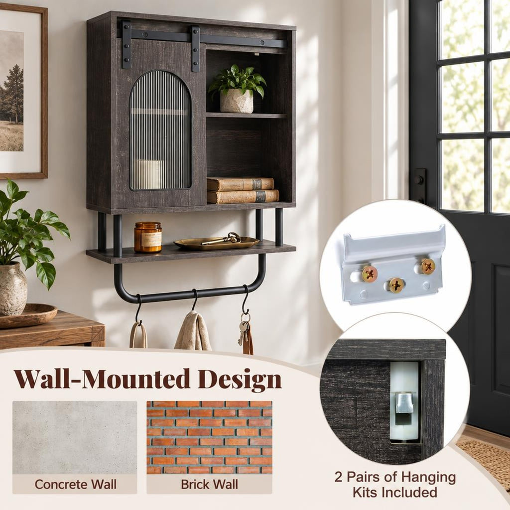 Airfind Bathroom Wall Cabinet with Sliding Barn Door and Metal Hanging Bar with 3 Hooks, 22 Lbs Capacity, Engineered Wood MDF Metal PC, Black