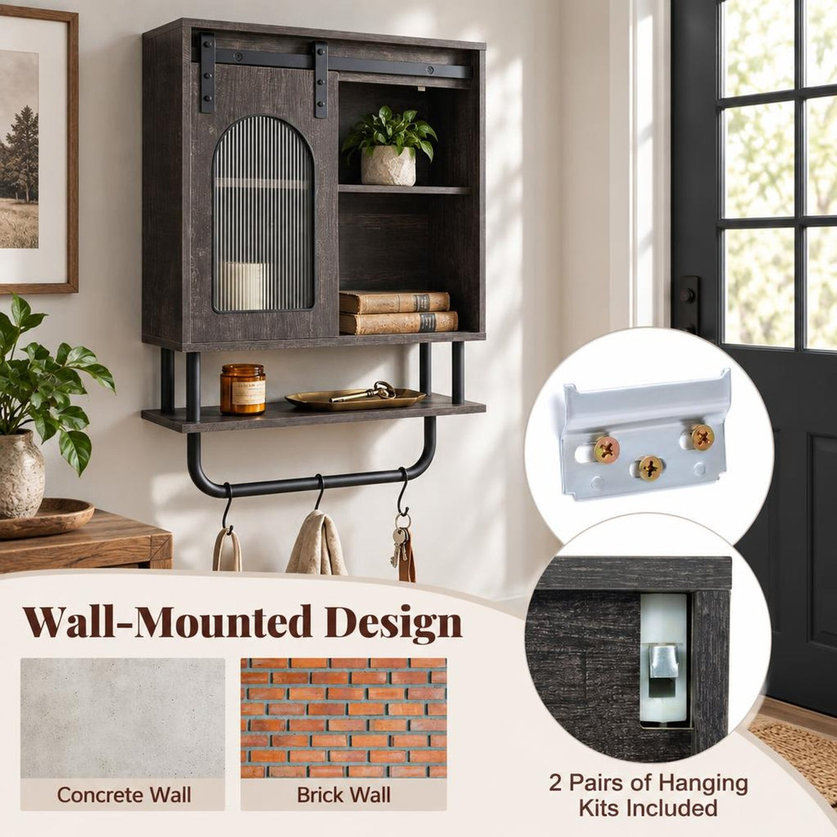 Airfind Bathroom Wall Cabinet with Sliding Barn Door and Metal Hanging Bar with 3 Hooks, 22 Lbs Capacity, Engineered Wood MDF Metal PC, Black