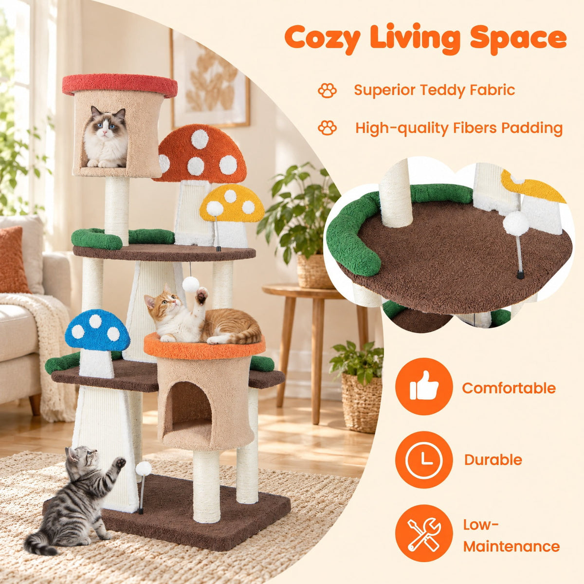 Airfind 4-In-1 Cat Tree with 2 Condos and Platforms for Indoors, 22 lbs Capacity, Natural Sisal Teddy Fabric Engineered Wood Frame, Multicolor
