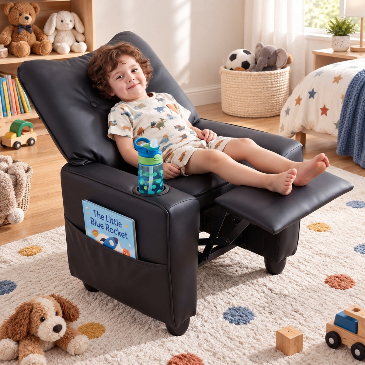Airfind Youth Recliner featuring Cup Holder Armrests and Adjustable Backrest for Playroom, Wood Frame, 24 Inch x 21 Inch x 30 Inch Lying Footprint, Black