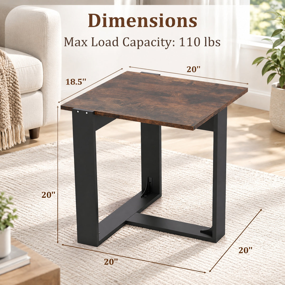 Airfind Industrial Sofa End Table with Metal Frame-2, 110 lbs Capacity, Engineered Wood Metal Frame, 20 x 20 x 20 Footprint, Rustic Brown Black