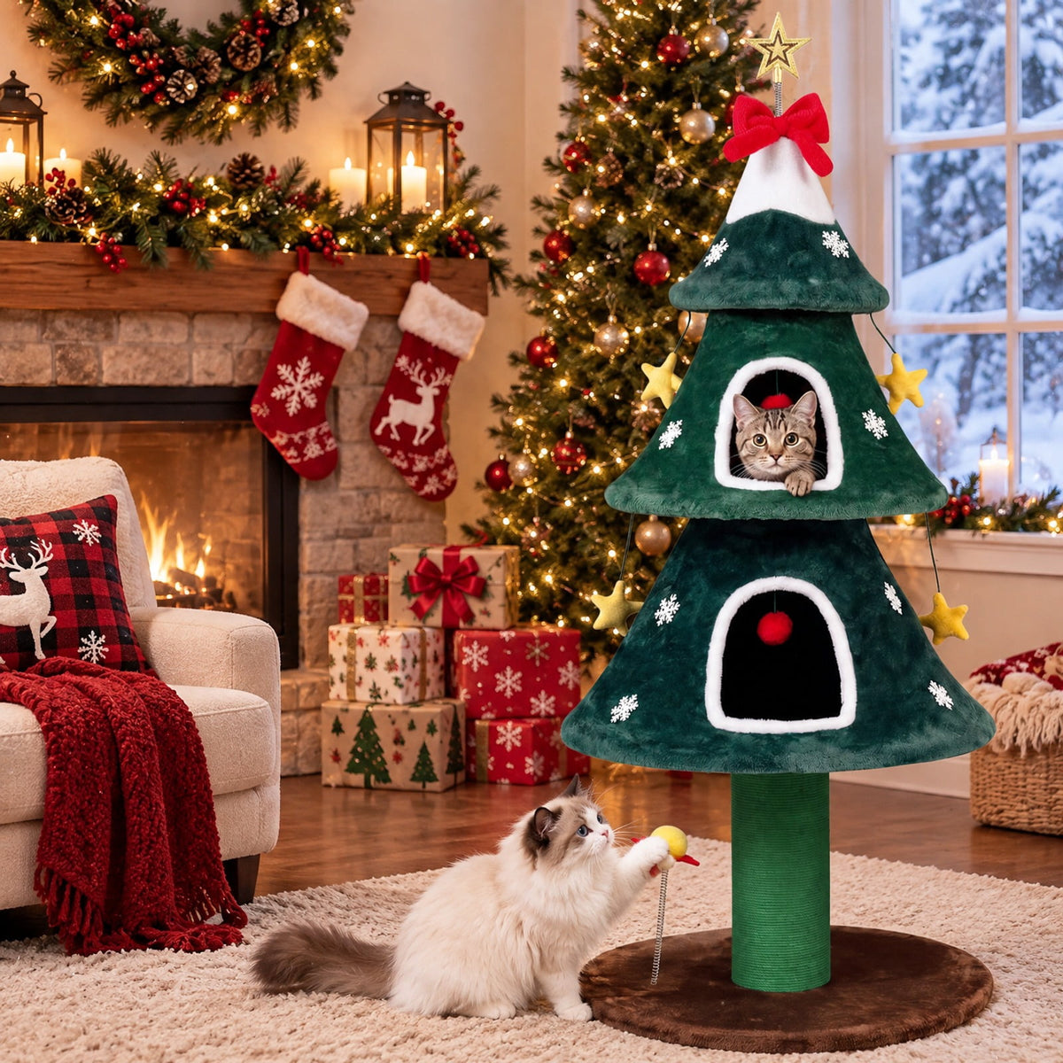 Airfind 54 Inch Christmas Cat Tree featuring 2 Private Condos for Indoor Cats, 22 lbs Capacity, Plush Fabric Frame, 23 Inch x 23 Inch x 54 Inch Footprint, Green