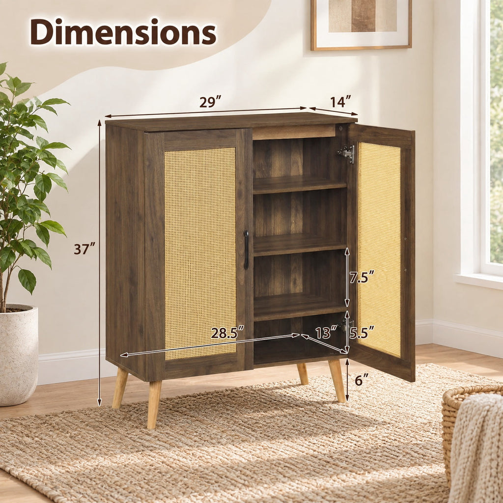 Airfind 5-Tier Rattan Shoe Cabinet with 3 Removable Shelves, 155 lbs Capacity, Engineered Wood Rattan Rubber Wood Frame, 29.5 x 14x 37 Footprint