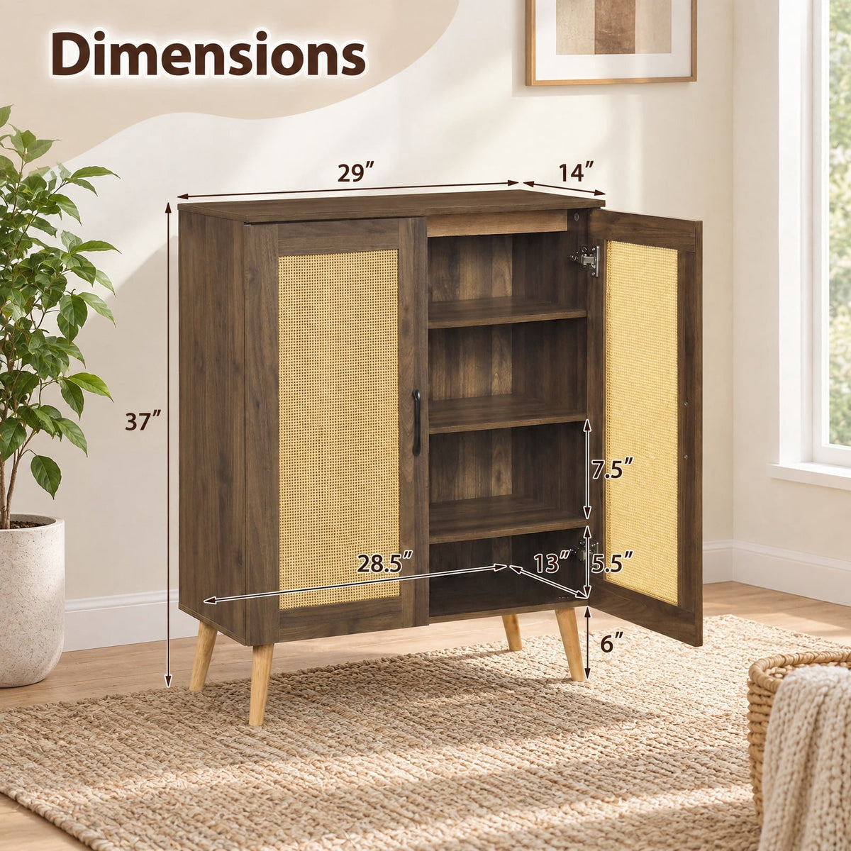Airfind 5-Tier Rattan Shoe Cabinet with 3 Removable Shelves, 155 lbs Capacity, Engineered Wood Rattan Rubber Wood Frame, 29.5 x 14x 37 Footprint