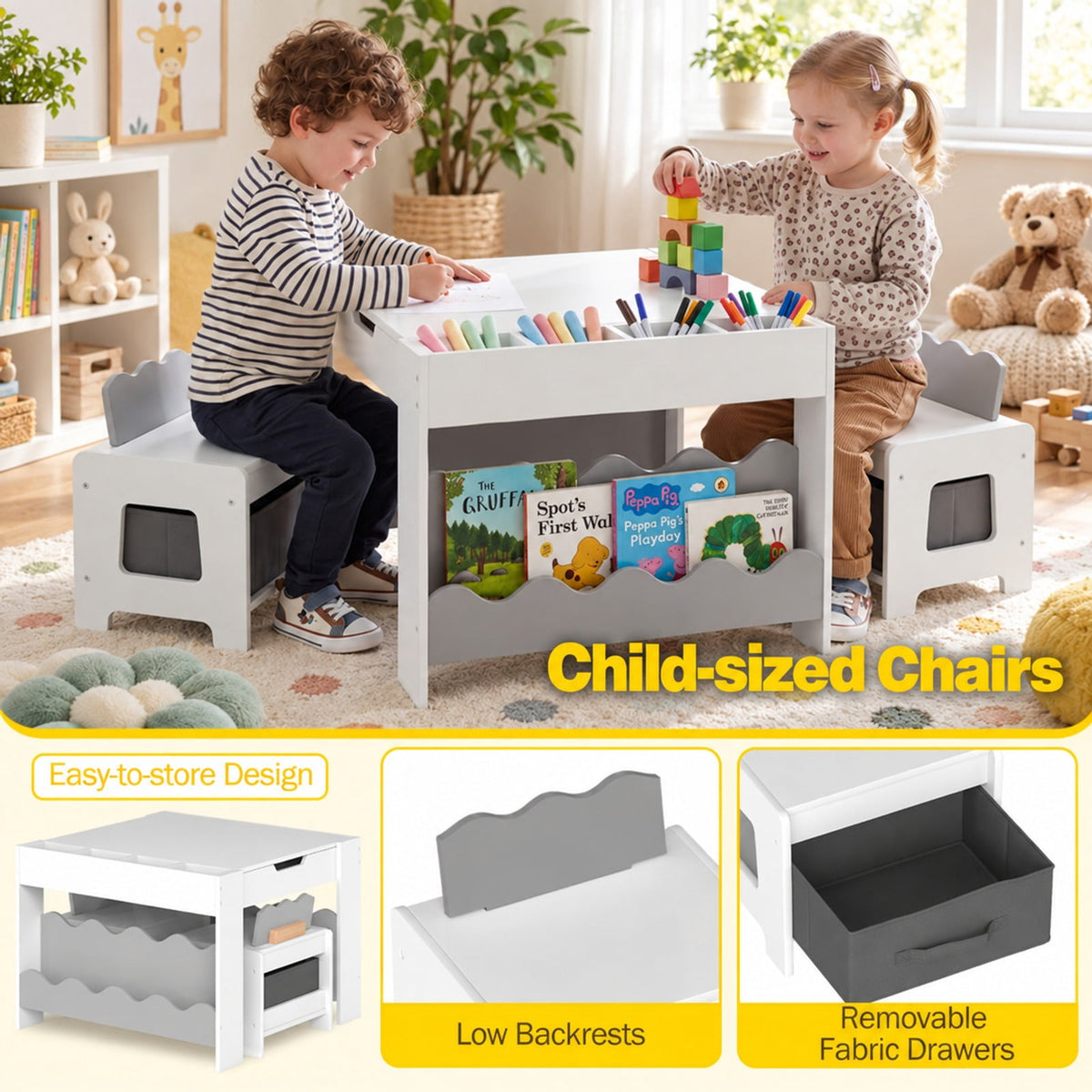 Airfind Multi-purpose Activity Kids Table and Chairs Set with Double-sided Tabletop, 55 lbs Capacity, MDF Frame, 26 Inch x 25 Inch x 19 Inch Footprint, Gray
