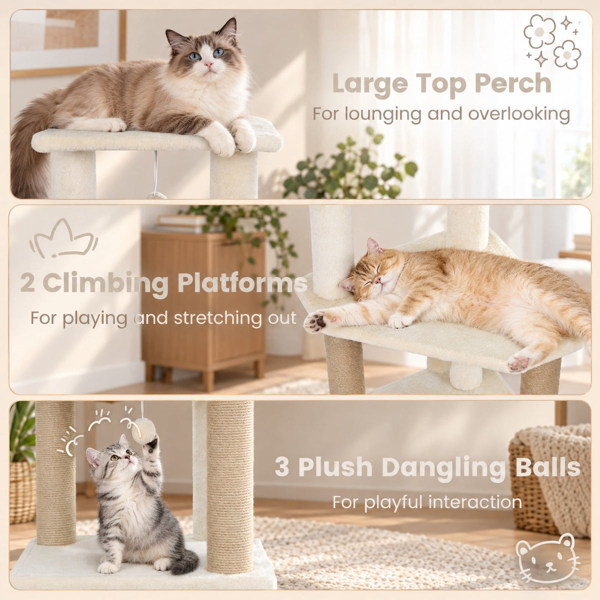 Airfind 64 Inch Tall Cat Tree with 2 Large Condos and Jute Scratching Posts for Indoor Adult Cats, 33 lbs Capacity, Beige