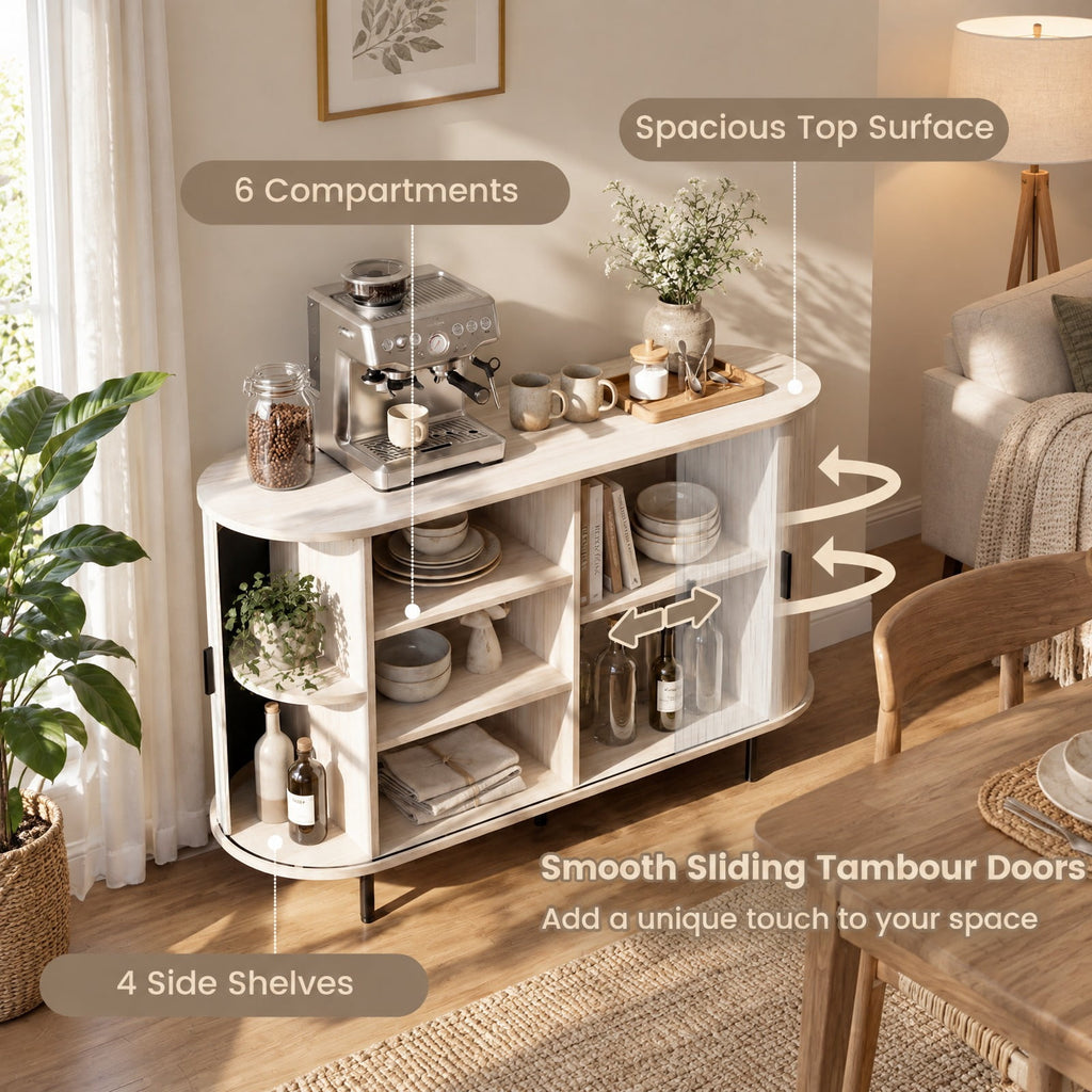 Airfind 47 Inch Fluted Sideboard Buffet Cabinet with Tambour Sliding Doors and Metal Legs, Engineered Wood MDF Metal Plastic Frame, Grey