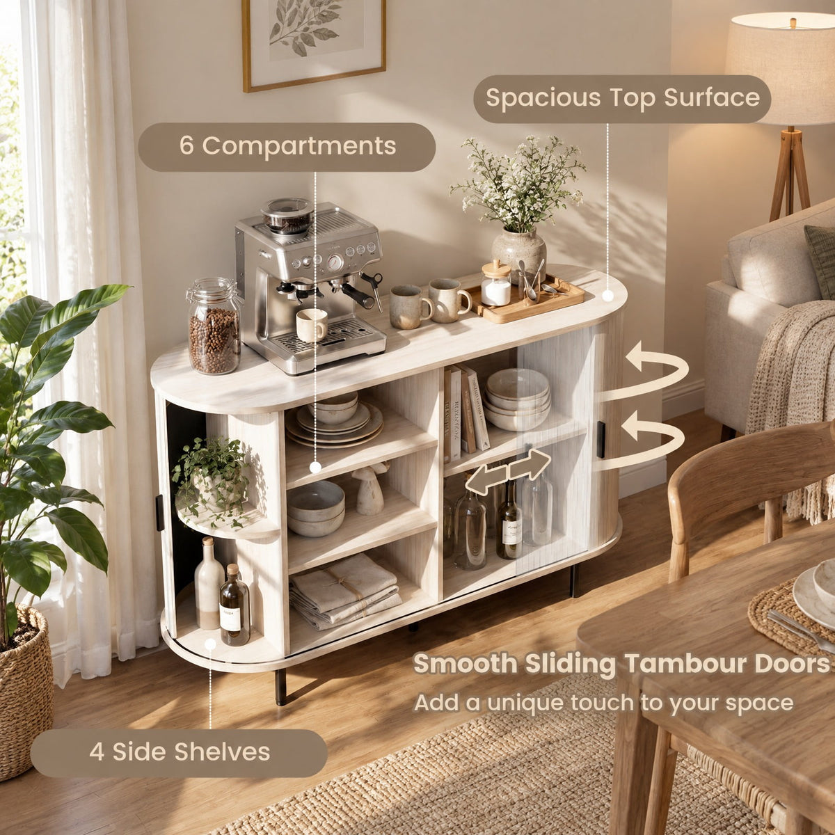 Airfind 47 Inch Fluted Sideboard Buffet Cabinet with Tambour Sliding Doors and Metal Legs, Engineered Wood MDF Metal Plastic Frame, Grey