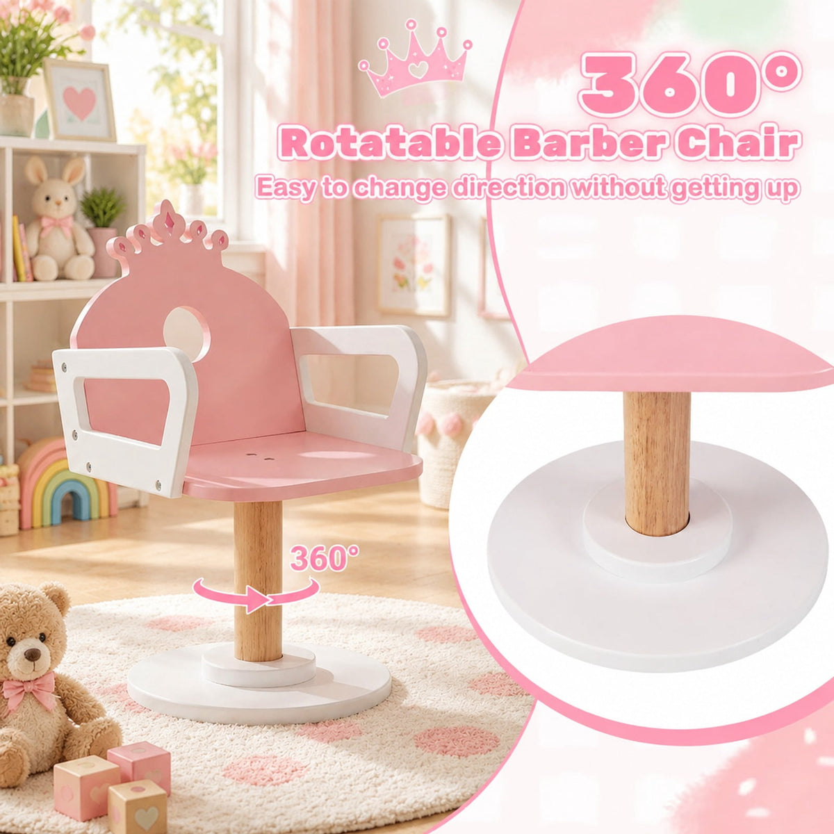 Airfind Kids Hair Salon Play Set with LED Lighted Mirror Wooden Pretend Hair Salon Station with Swivel Barber Chair, 66 lbs Capacity, Pink
