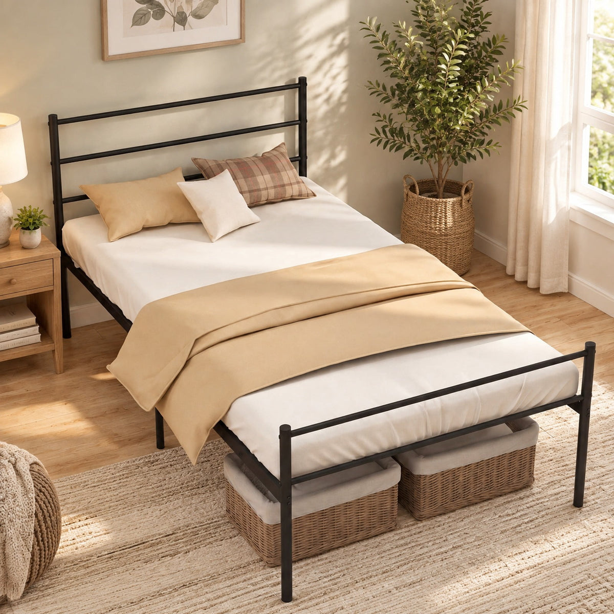 Airfind Twin Size Metal Bed Frame Platform with Headboard, 490 lbs Capacity, Steel Frame, 77.5 x 41 x 35.5 Footprint, Black