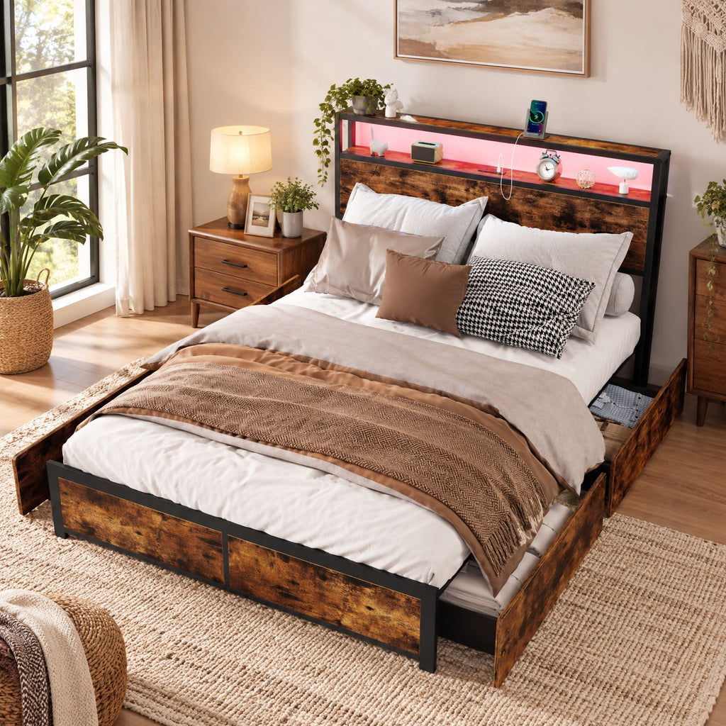Airfind Full/Queen Size LED Bed Frame with Charging Station and 4 Storage Drawers, 81 Inch x 56 Inch x 40 Inch Inner Footprint