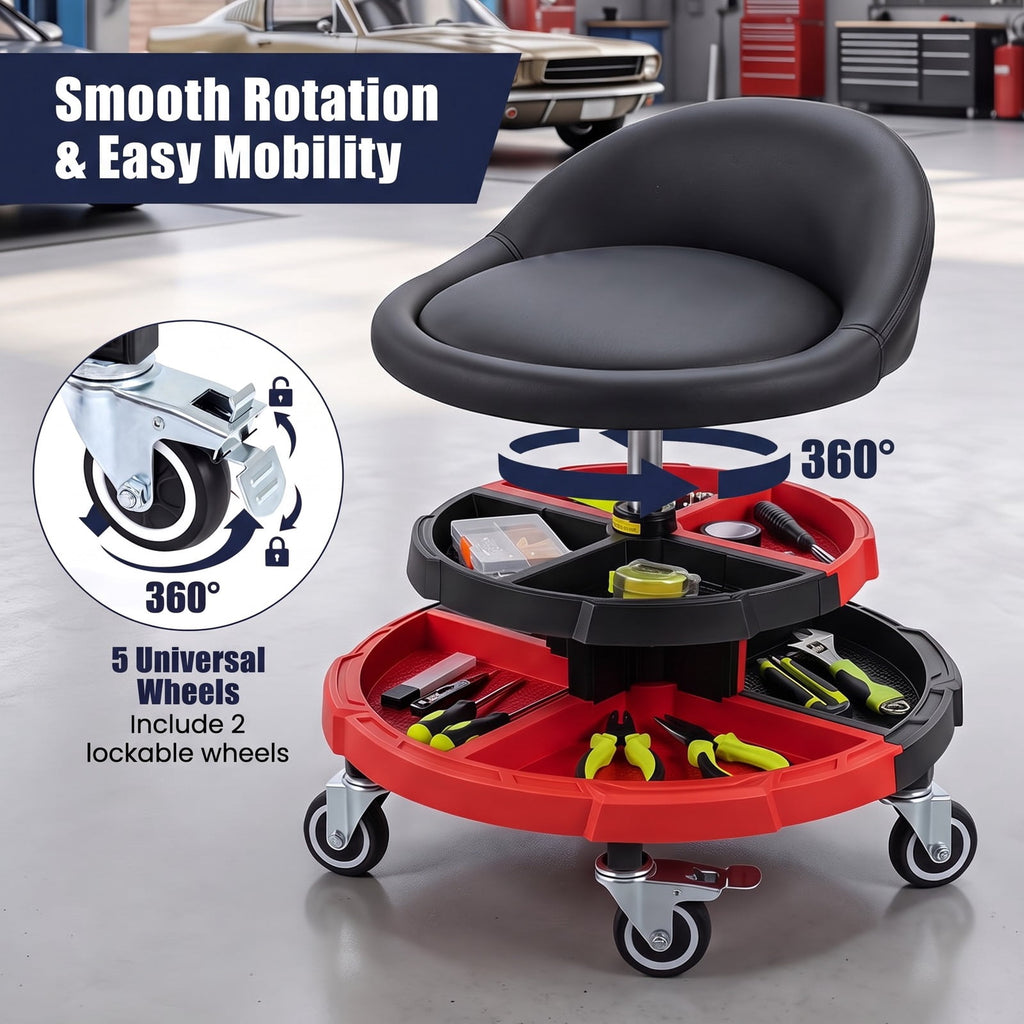 Airfind 360° Rolling Mechanic Stool with 2 Tool Storage Trays, 330 lbs Capacity, Metal Frame, 21 x 21 x 21.5-26.5 Footprint, Red