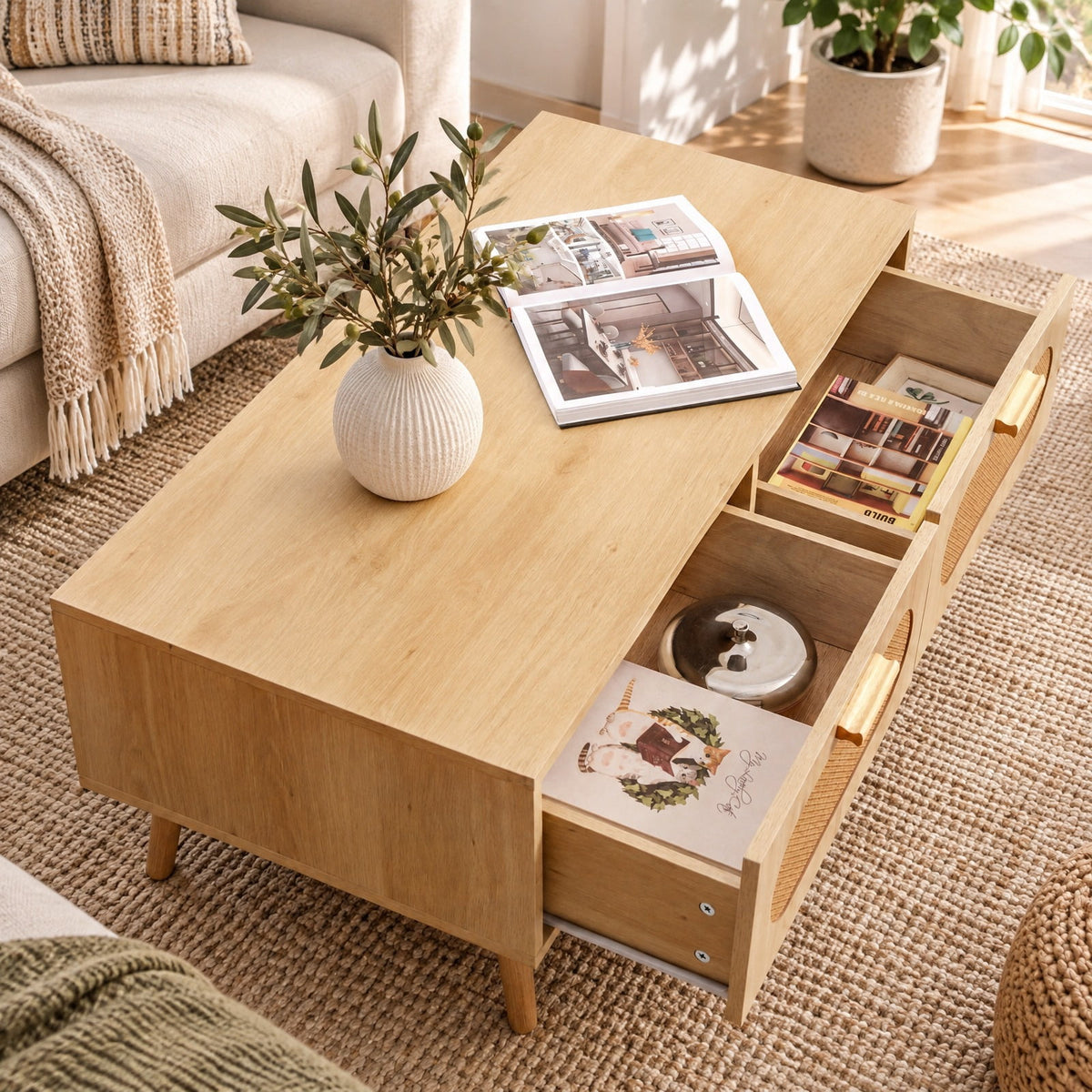 Airfind Rattan Coffee Table Mid Century Modern Center Table with 2 Storage Drawers, 132 lbs Capacity, Natural