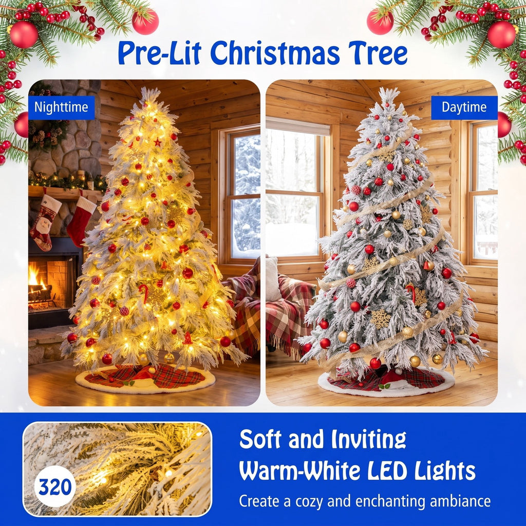 Airfind 7 Feet Pre-Lit Snow Flocked Christmas Tree with Warm White LED Lights-7 ft, White, Diameter of Stand 20/18/16 Inch