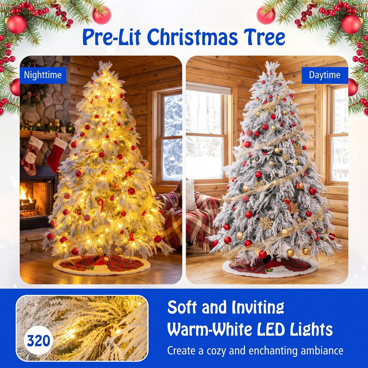 Airfind 7 Feet Pre-Lit Snow Flocked Christmas Tree with Warm White LED Lights-7 ft, White, Diameter of Stand 20/18/16 Inch