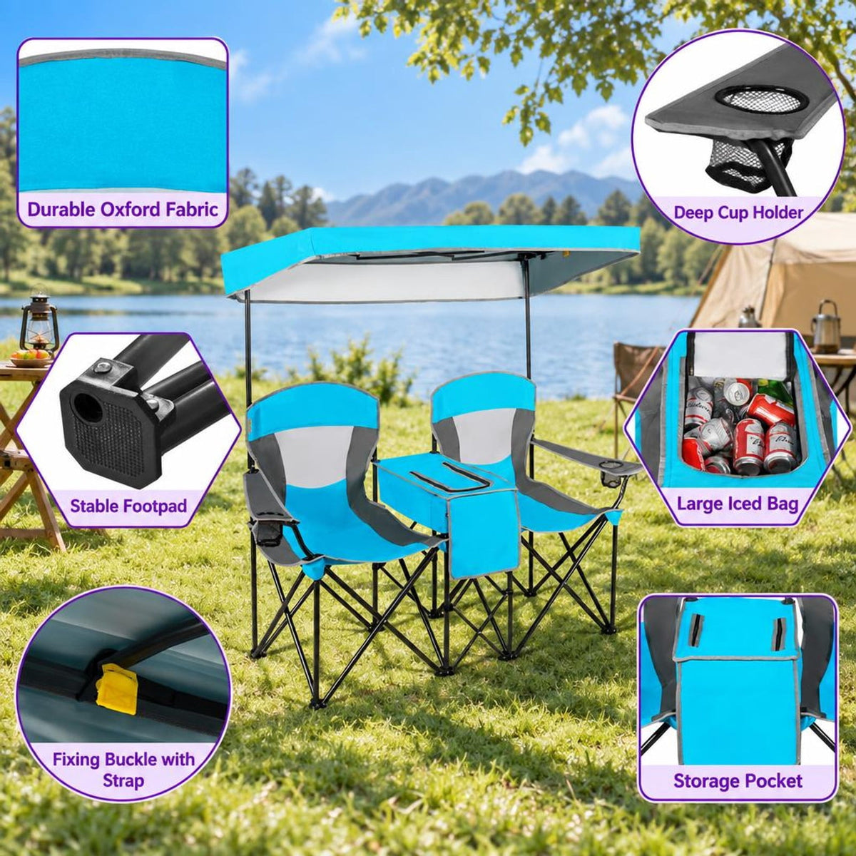 Airfind Patented Portable Folding Camping Canopy Chairs with Cup Holder, Steel oxford fabric Frame, 55.5 x 28.5 x 59.5 (L x W x H) The Footprint