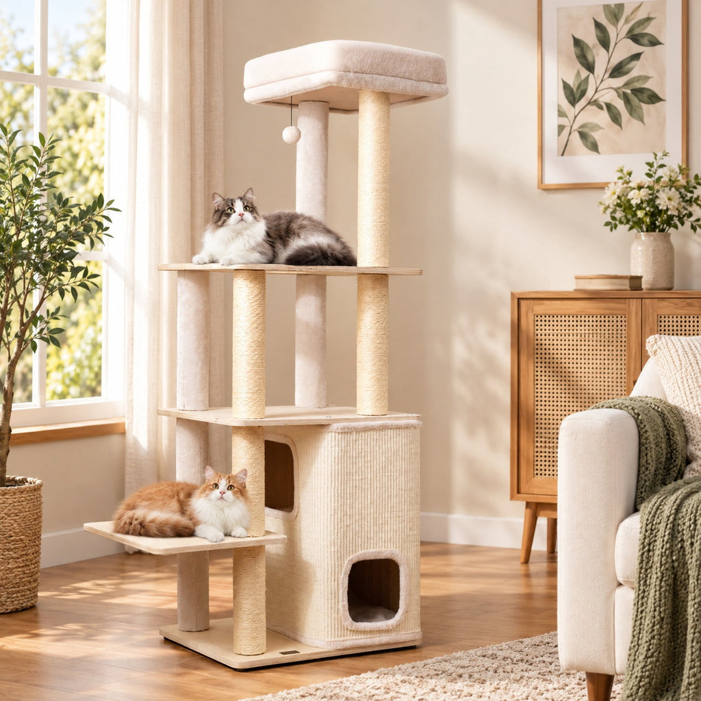 Airfind 63 Inch Tall Wooden Cat Tree with 2-Story Condo and Plush Padded Top Perch, 44 lbs Capacity, 23in x 19in x 63in Condo Footprint, Natural