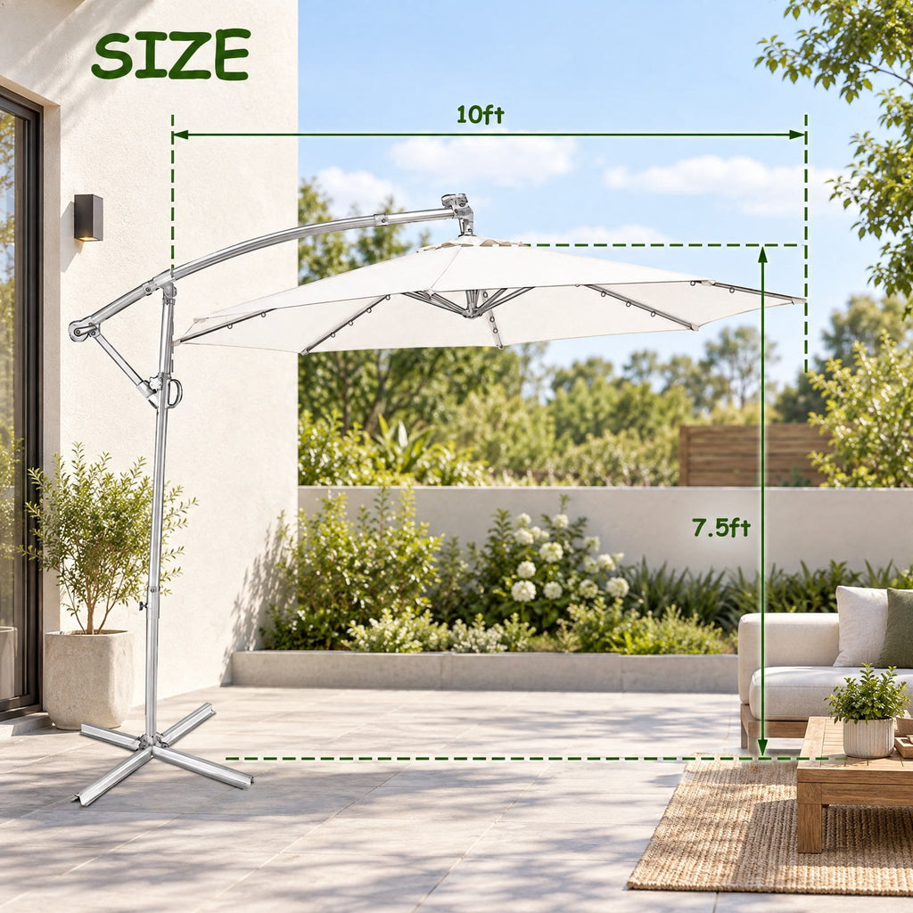 Airfind 10 ft 360° Rotation Solar Powered LED Patio Offset Umbrella without Weight Base, Steel aluminum polyester fabric Frame, 10 x 7.5 Footprint
