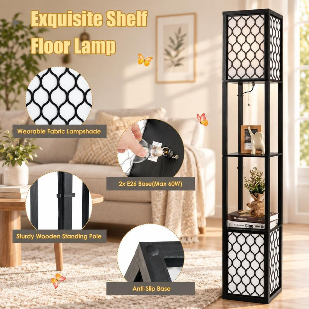 Airfind Modern Shelf Freestanding Floor Lamp with Double Lamp Pull Chain and Foot Switch, MDF Frame, 10in x 10in x 62in Footprint, Black+ White