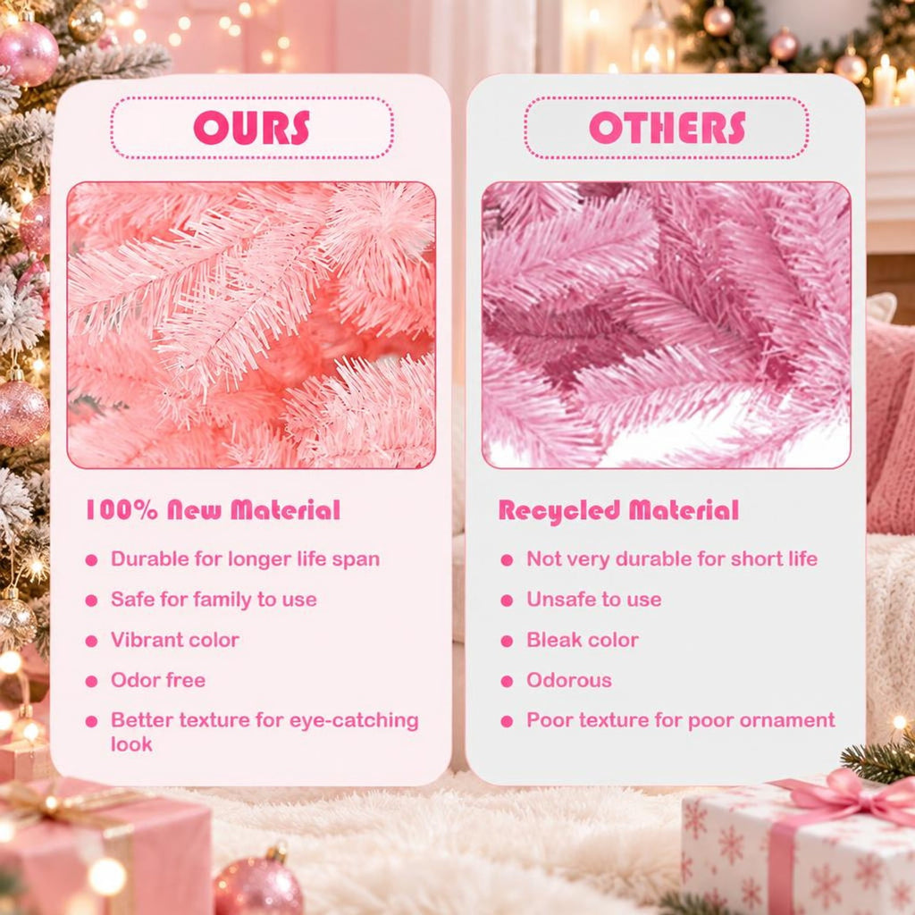 Airfind 6 Feet Pink Artificial Hinged Spruce Full Christmas Tree with Foldable Metal Stand, New PVC Frame, Pink