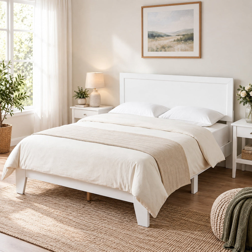 Airfind Queen Size Modern Bed Frame with Headboard, 500 lbs Capacity, Engineered Wood Frame, White, Eye-catching addition to your bedroom