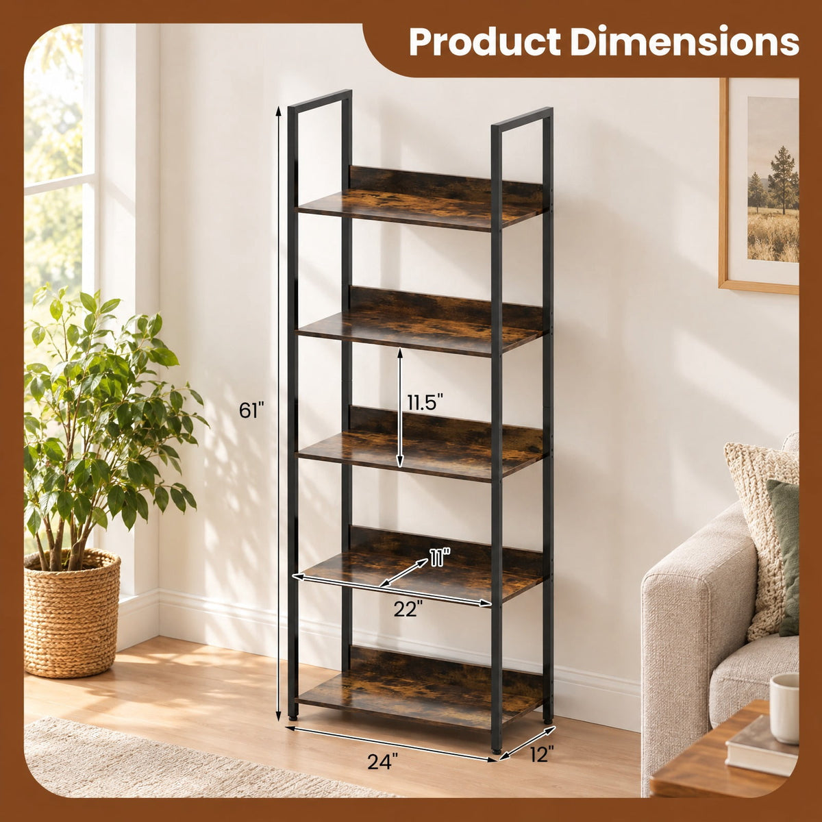 Airfind Bookshelf, 5-Tier, Tall Wooden Open Bookcase with Back Panels, 33 lbs Capacity, Engineered Wood Metal Frame, 24 Inch x 12 Inch x 61 Inch Footprint, Brown