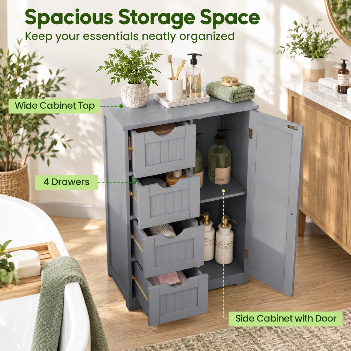Airfind Standing Indoor Wooden Cabinet, with 4 Drawers, 143 lbs Capacity, MDF Engineered Wood Frame, 21.5 Inch x 12 Inch x 32.5 Inch Footprint, Gray