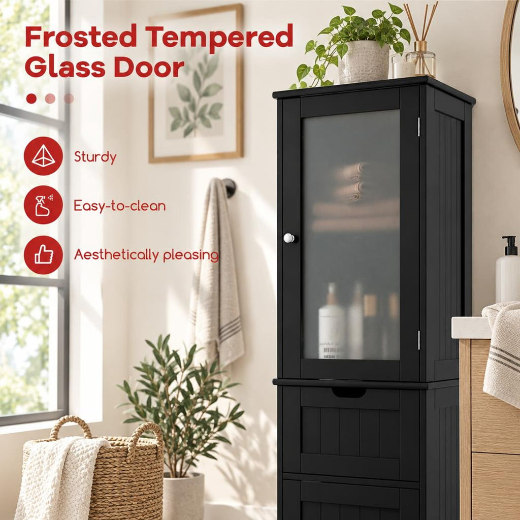 Airfind Tall Floor Storage Cabinet with 2 Doors and 1 Drawer for Bathroom, MDF Tempered Glass Frame, 16in x 12in x 67in Footprint, Black
