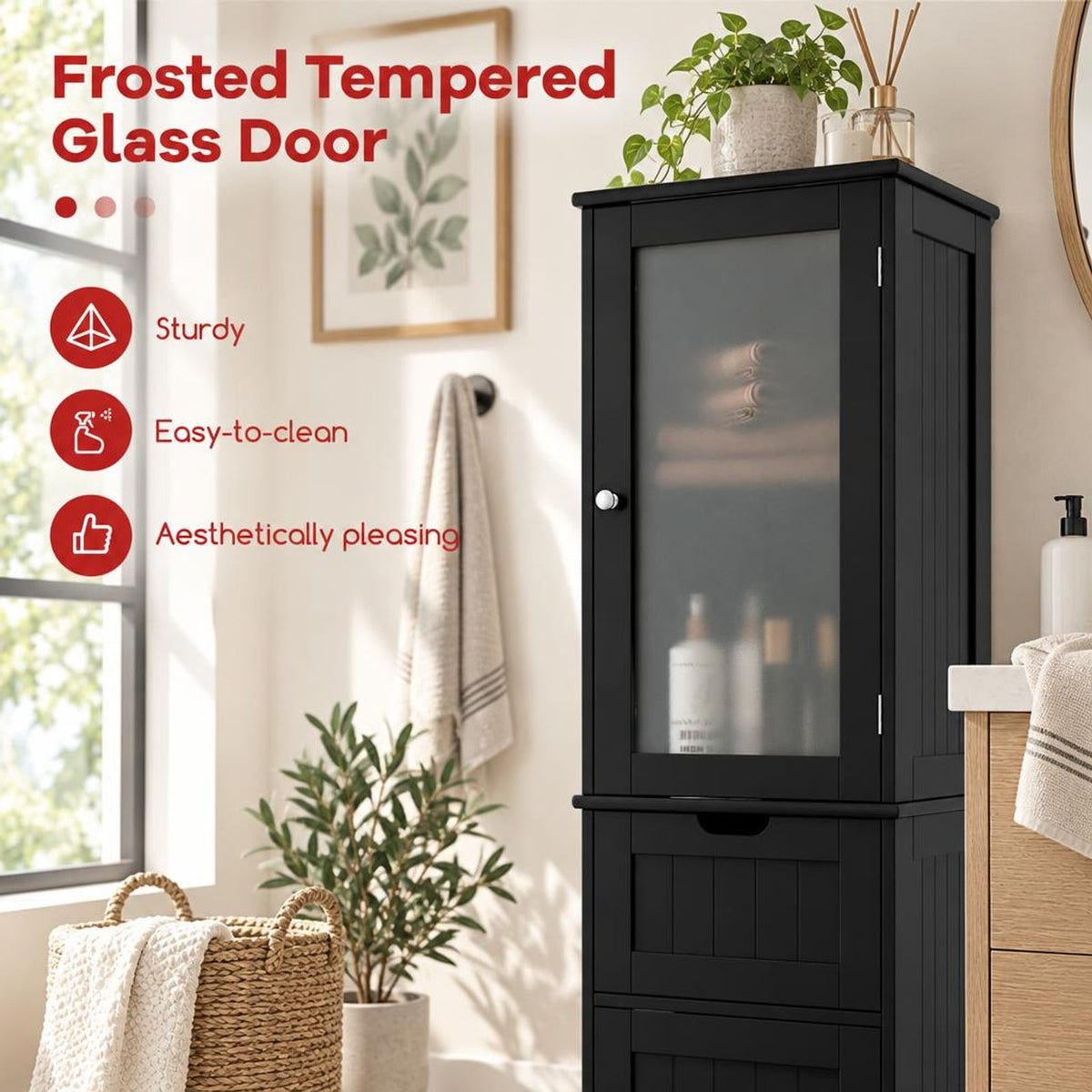 Airfind Tall Floor Storage Cabinet with 2 Doors and 1 Drawer for Bathroom, MDF Tempered Glass Frame, 16in x 12in x 67in Footprint, Black