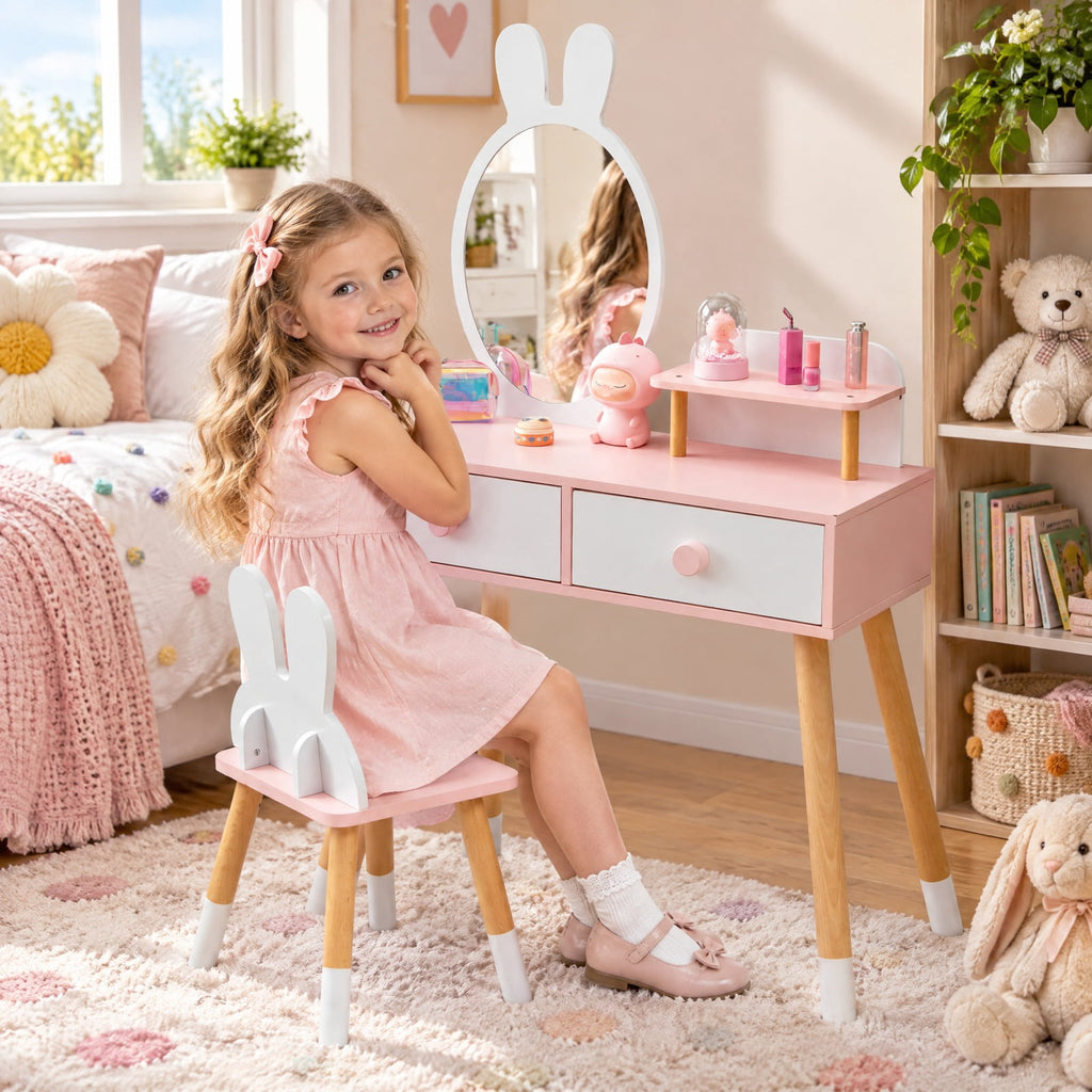 Airfind Kids Vanity Table and Chair Set with Drawer Shelf and Rabbit Mirror, 66 lbs Capacity, MDF Beech Wood Frame, White