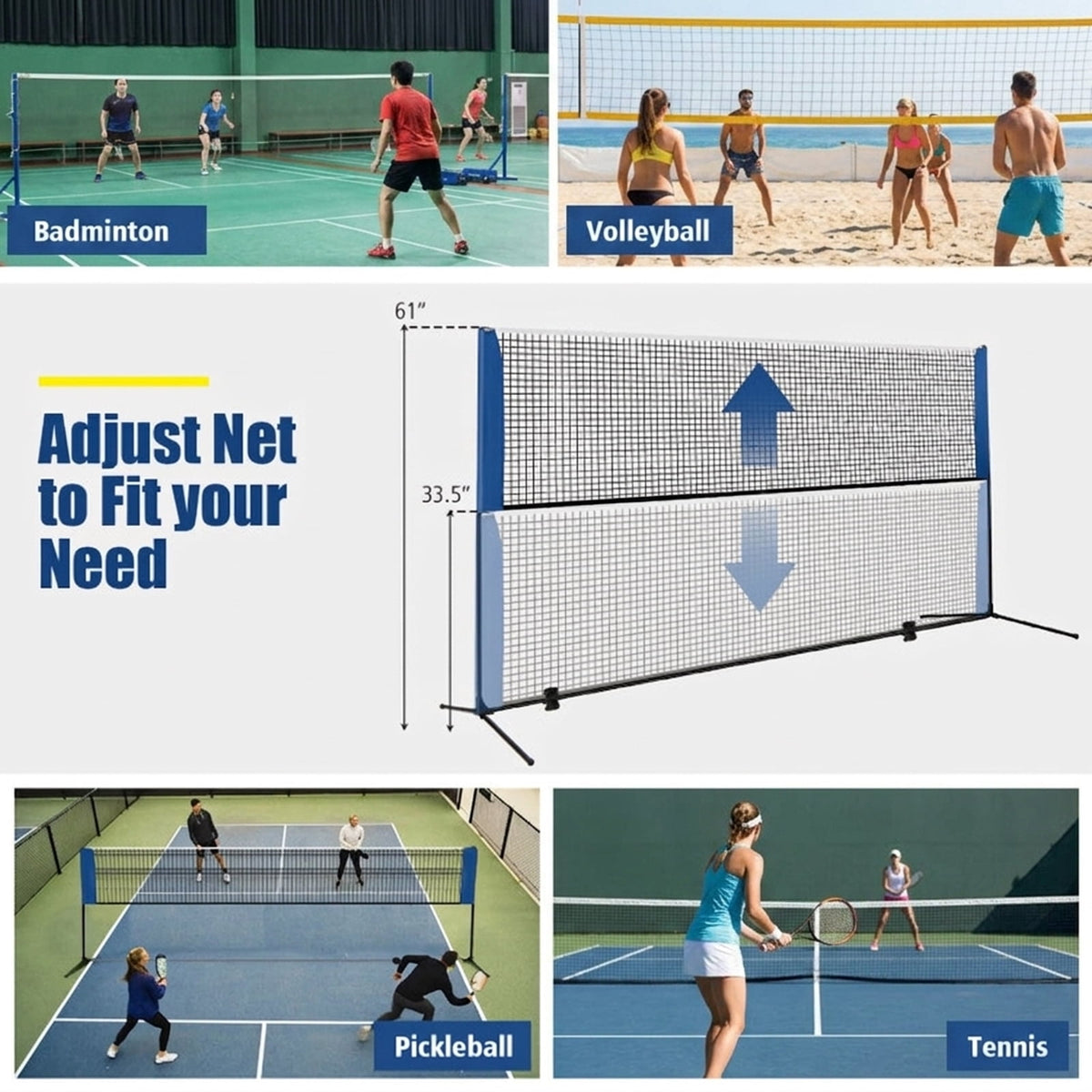 Airfind 10 Foot Adjustable Badminton Net Set for backyard with portable carry bag and non-slip footpads for pickleball volleyball tennis in blue black