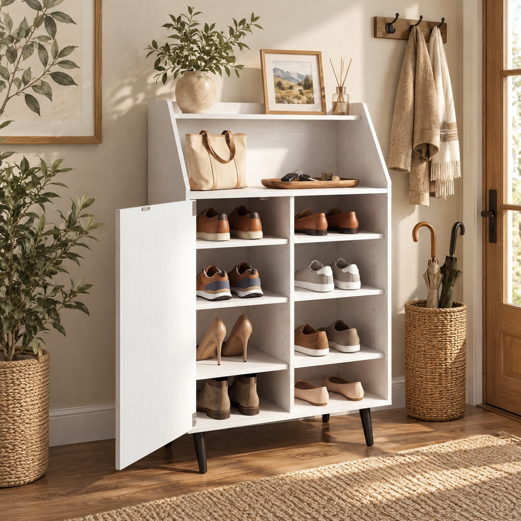 Airfind Shoe Storage Cabinet with 2-Tier Open Compartment and 4-Tier Adjustable Shelf, 44 lbs Capacity, Engineered Wood Frame, White