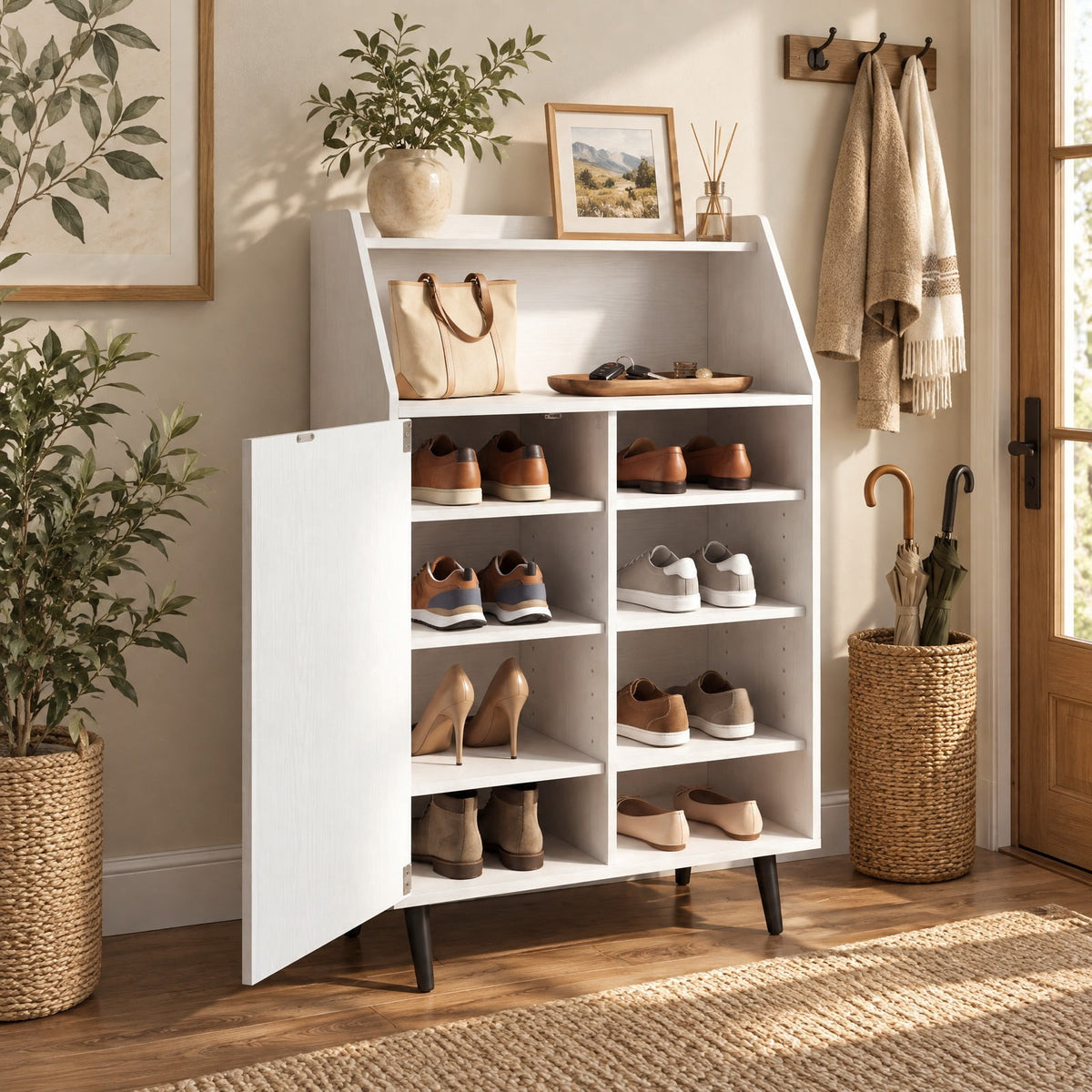 Airfind Shoe Storage Cabinet with 2-Tier Open Compartment and 4-Tier Adjustable Shelf, 44 lbs Capacity, Engineered Wood Frame, White