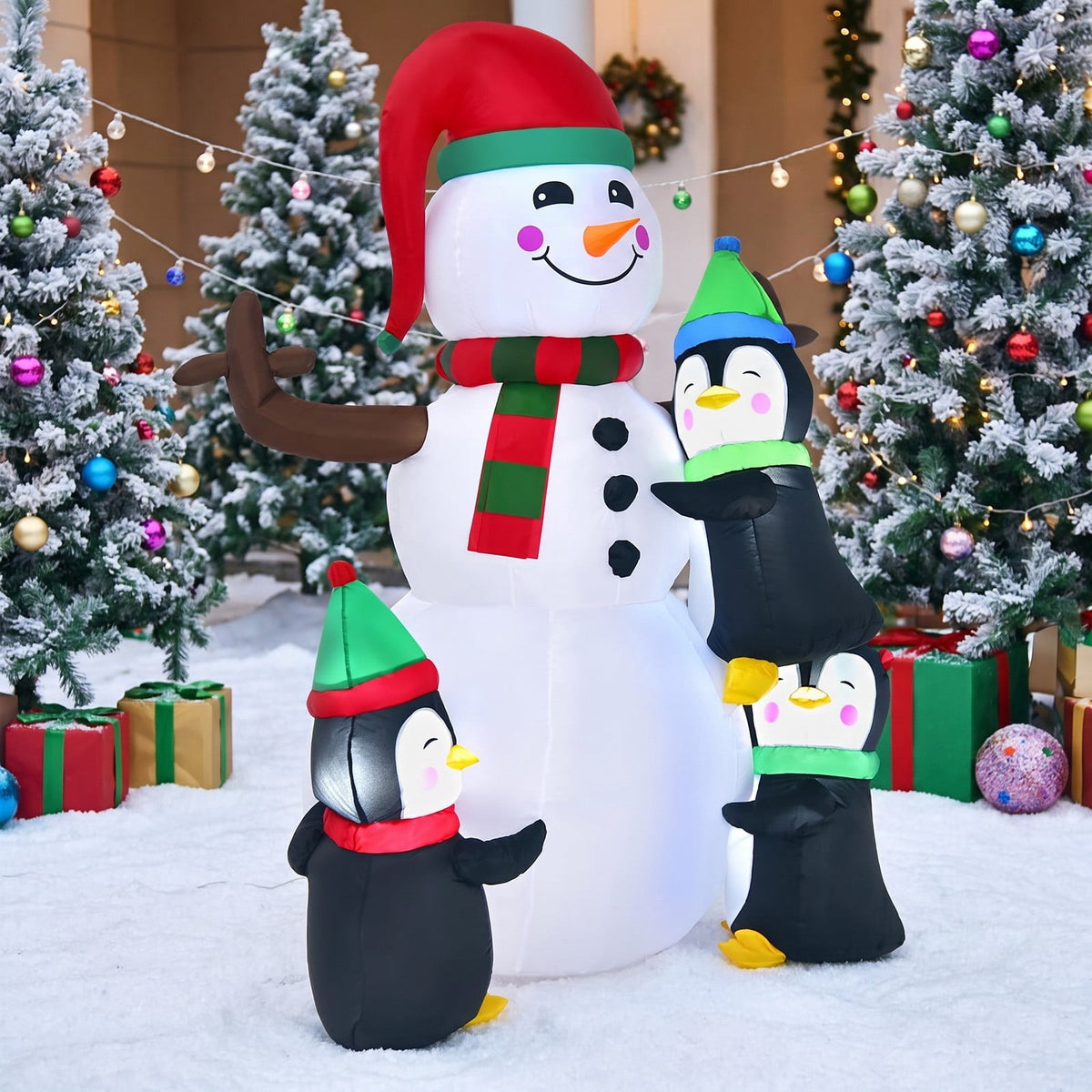 Airfind 6 Feet Christmas Quick Inflatable Snowman with Penguins, Polyester fabric Frame, 4 ft x 2.6 ft x 6 ft Footprint, Multicolor