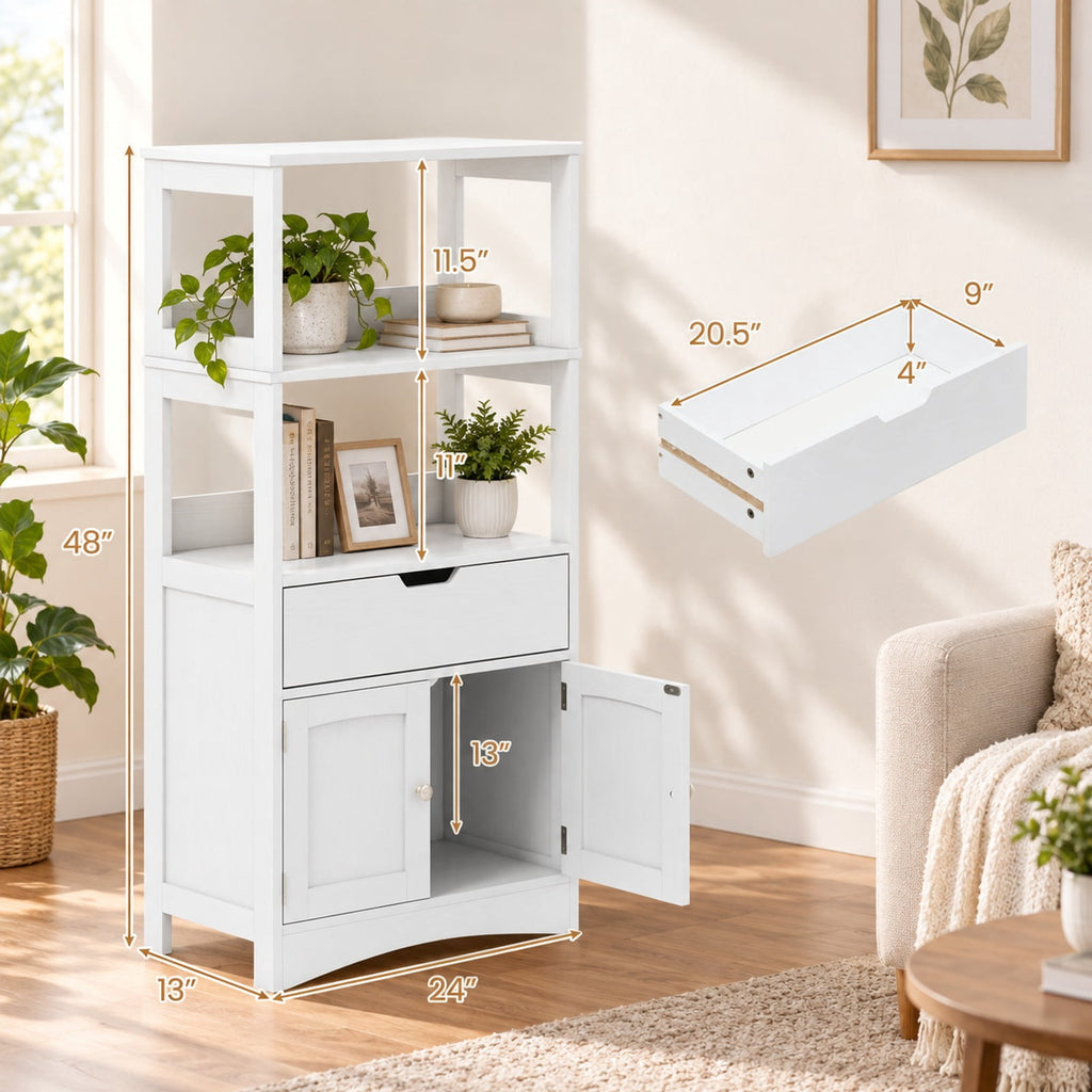 Airfind Bathroom Storage Cabinet with Open Shelves and Drawer, 110 lbs Capacity, Engineered Wood Frame, 24in x 13in x 48in Footprint, White